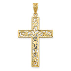 14K Two-Tone Gold Filigree Crucifix Pendant with Elegant Block Design