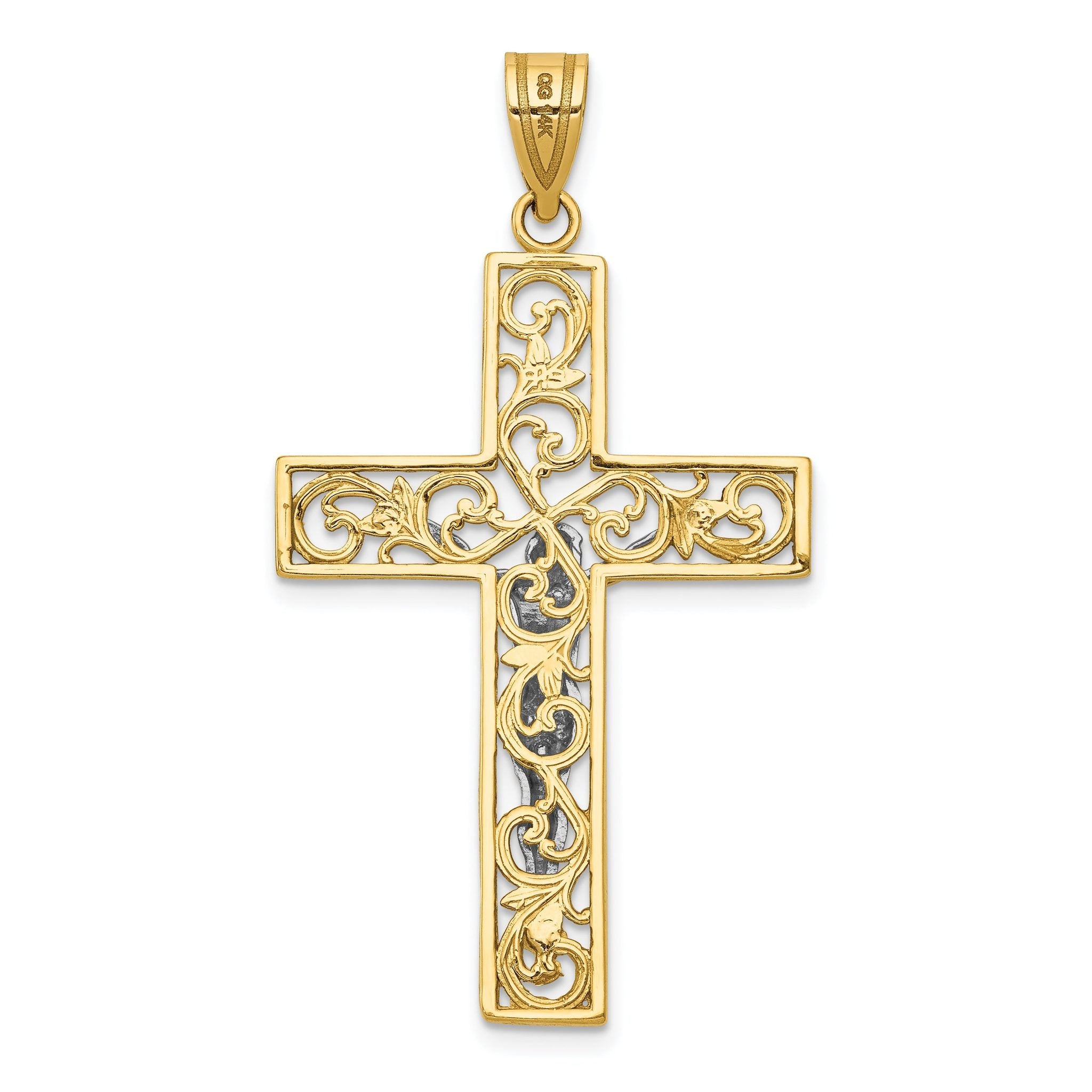 14K Two-Tone Gold Filigree Crucifix Pendant with Elegant Block Design