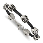 Stainless Steel Antiqued and Polished Skull Beads Black Braided Leather Bracelet for Men