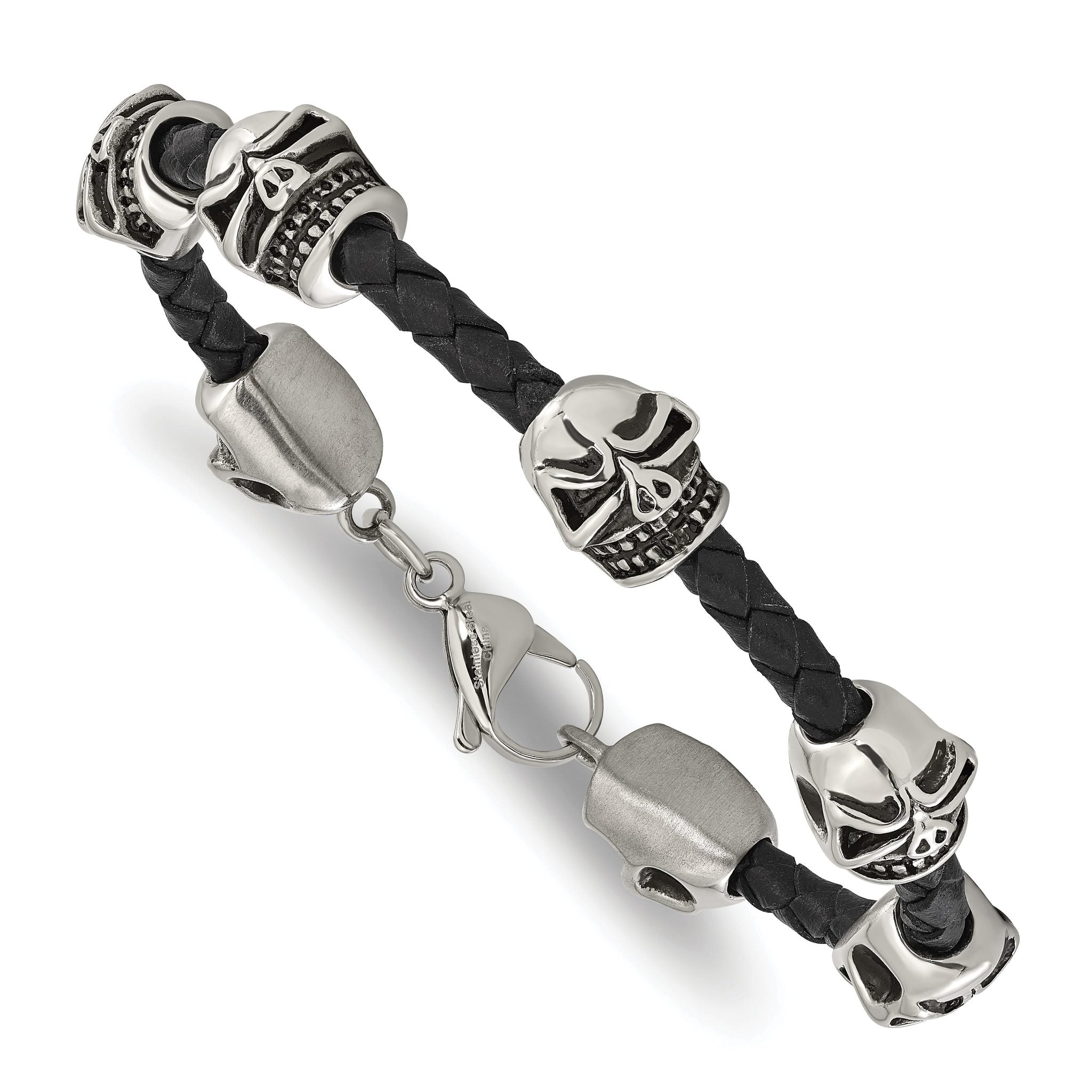 Stainless Steel Antiqued and Polished Skull Beads Black Braided Leather Bracelet for Men