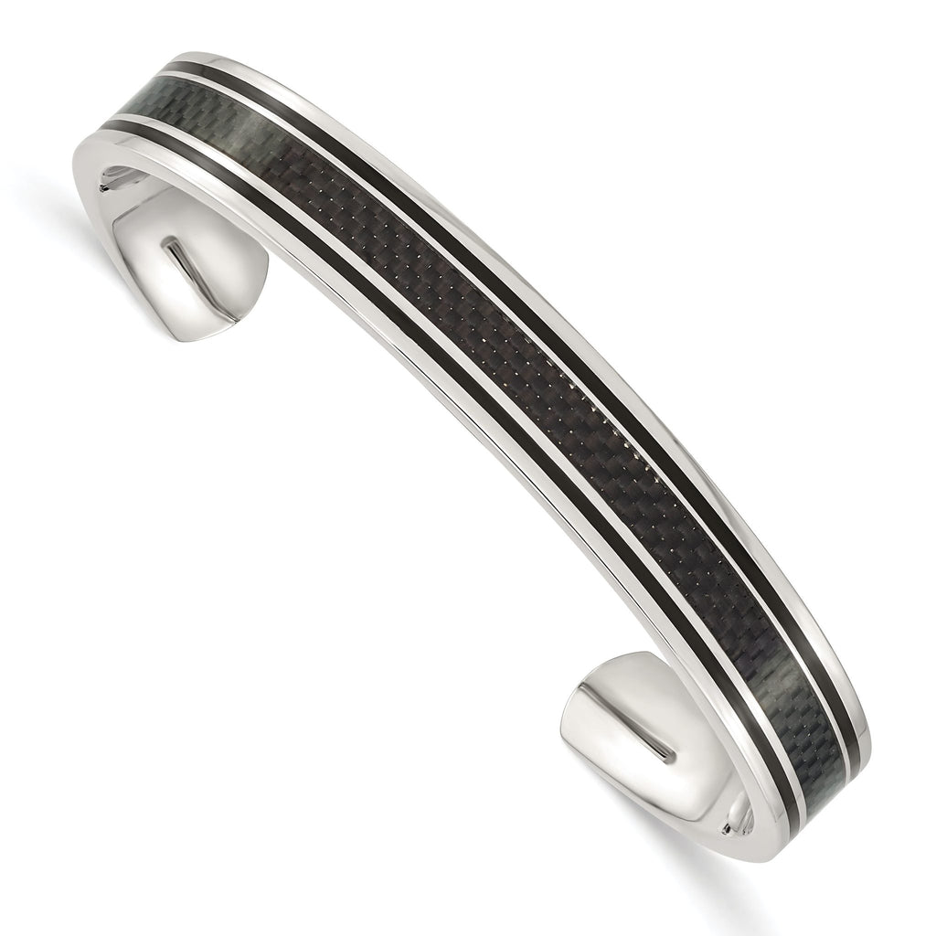 Stainless Steel Polished Black IP-plated with Black Carbon Fiber Inlay Cuff Bangle Bracelet for Men