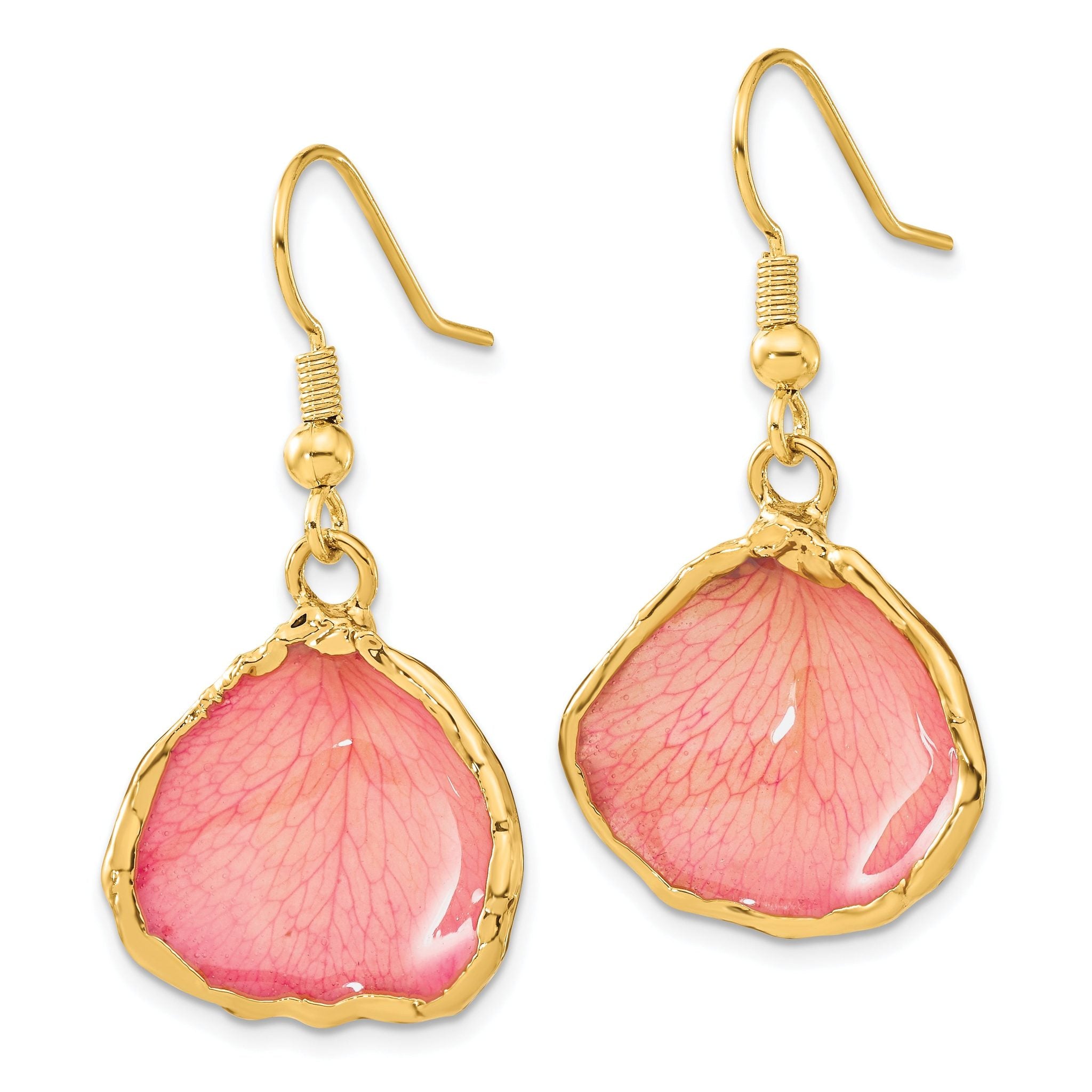 24k Gold-trim Lacquer Dipped Pink Real Rose Petal Gold-tone Dangle Wire Earrings Secondary image