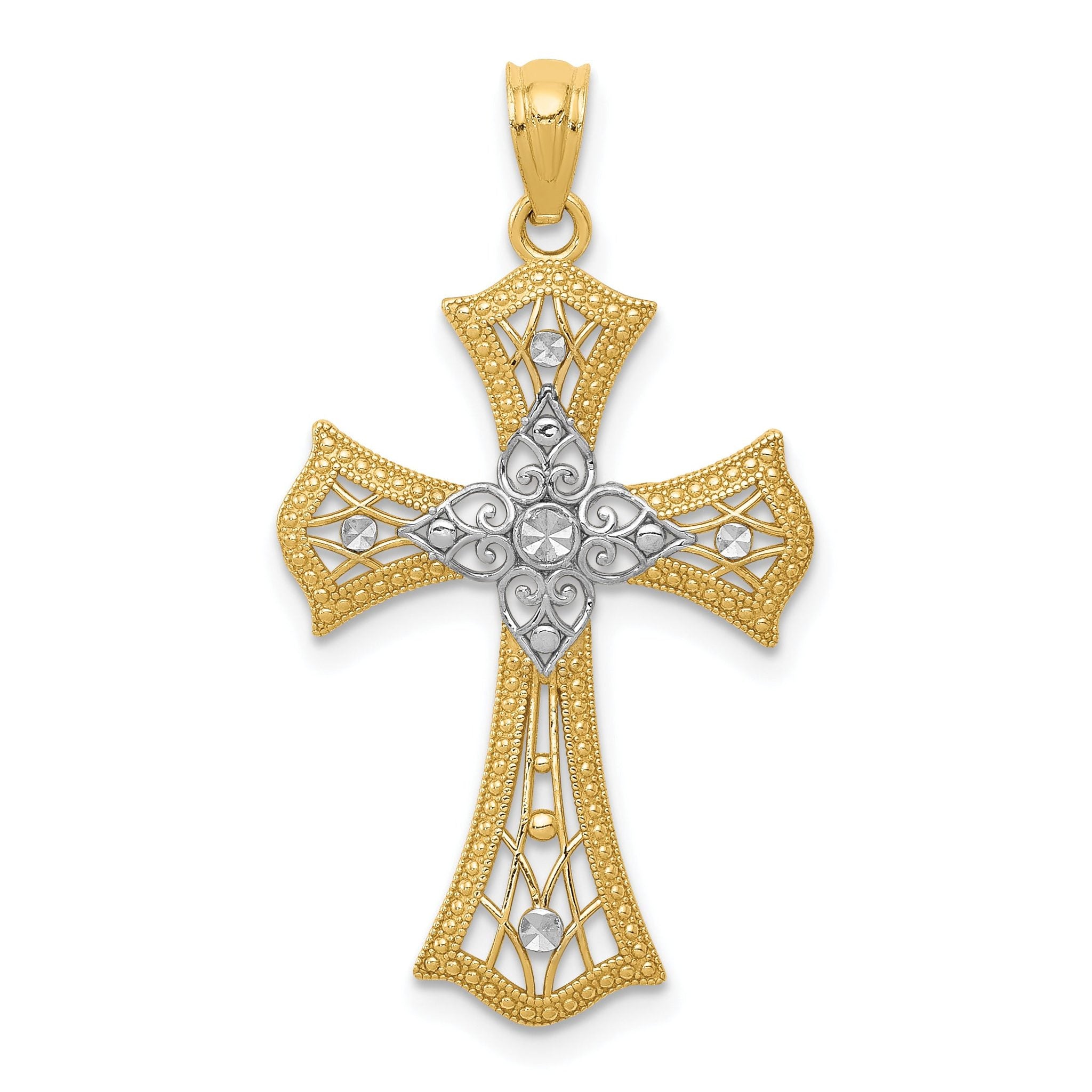 14K Gold with Rhodium Diamond-Cut Cross Pendant Solid, Elegant Design