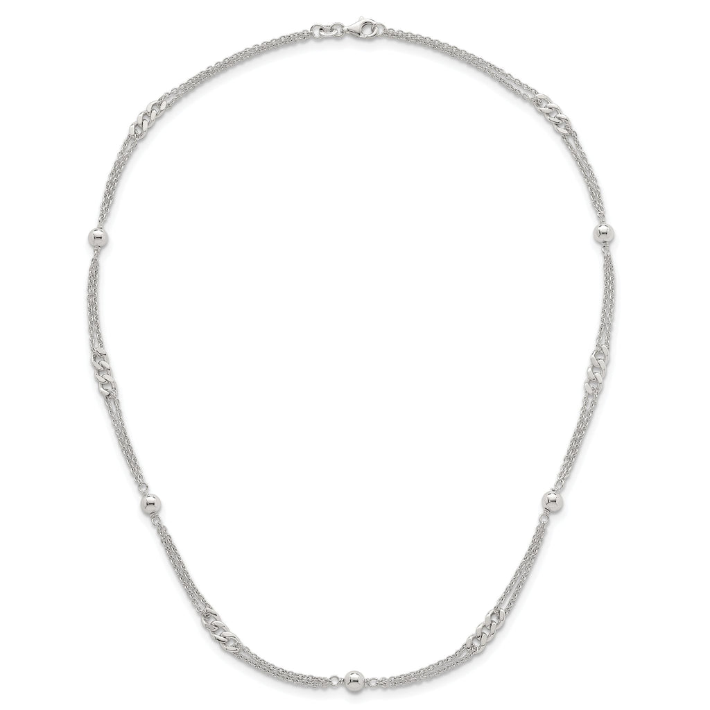 Sterling Silver Polished and Beaded Fancy Double-Strand Link 17.5 inch Necklace