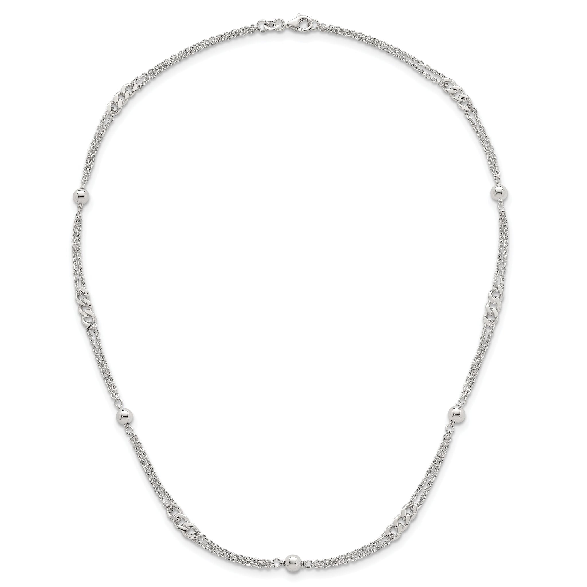 Sterling Silver Polished and Beaded Fancy Double-Strand Link 17.5 inch Necklace