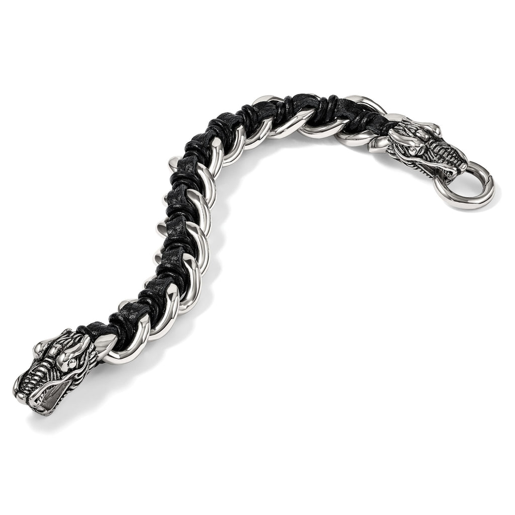 Stainless Steel Antiqued and Polished Dragon Head Curb Chain with Black Leather Bracelet for Men
