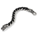 Stainless Steel Antiqued and Polished Dragon Head Curb Chain with Black Leather Bracelet for Men