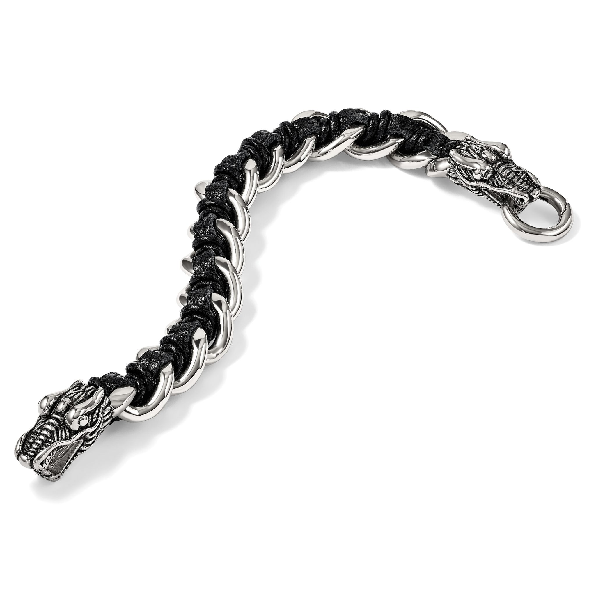 Stainless Steel Antiqued and Polished Dragon Head Curb Chain with Black Leather Bracelet for Men