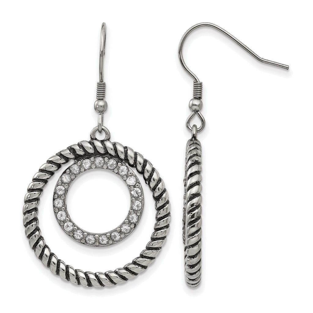 Stainless Steel Polished & Antiqued Cubic Zirconia Drop Dangle Earrings for Women