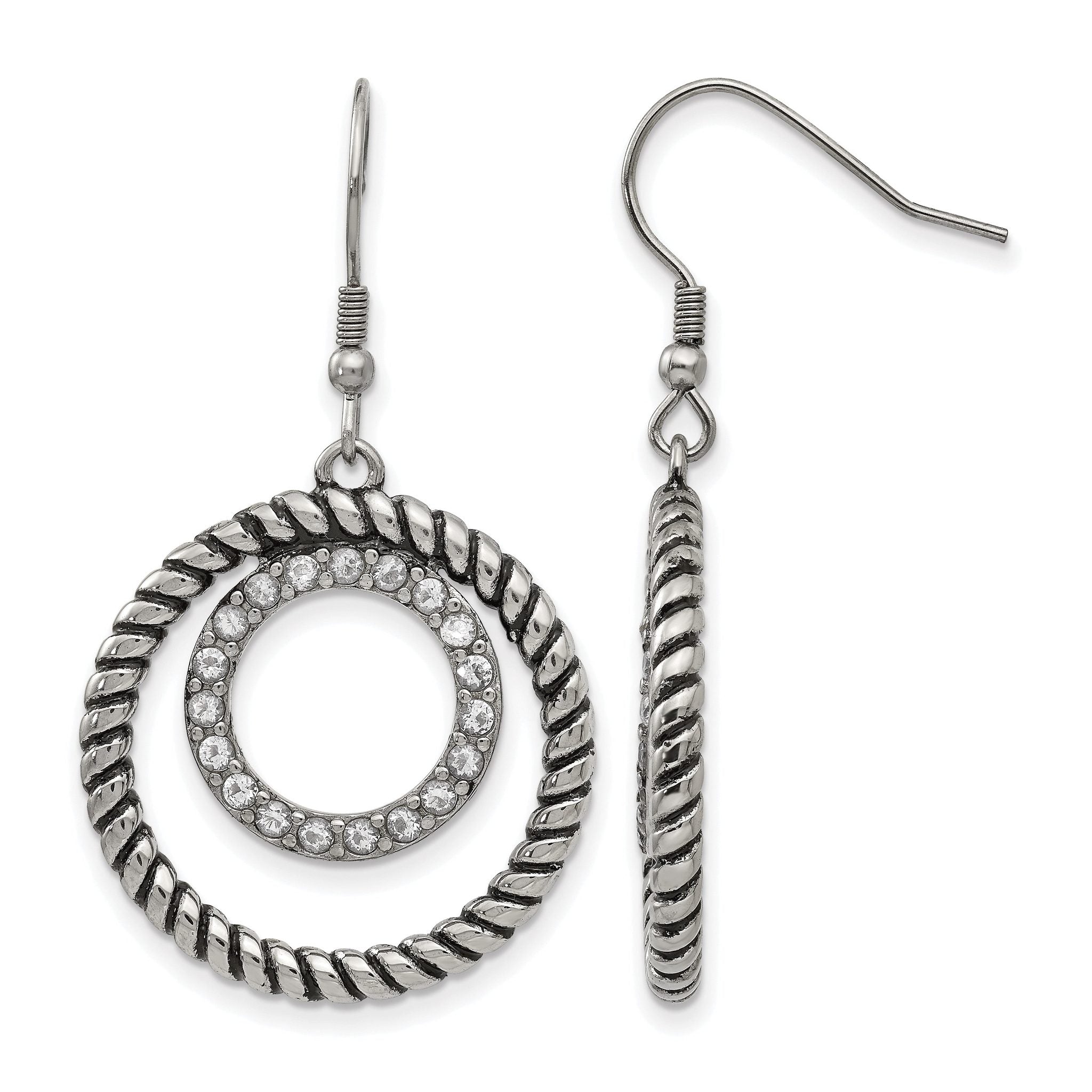 Stainless Steel Polished & Antiqued Cubic Zirconia Drop Dangle Earrings for Women