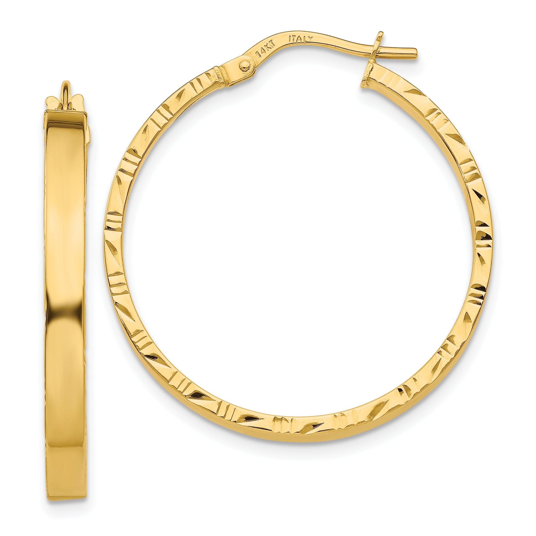 14K Diamond Cut Edge Large 3mm Polished Hoop Earrings Main image