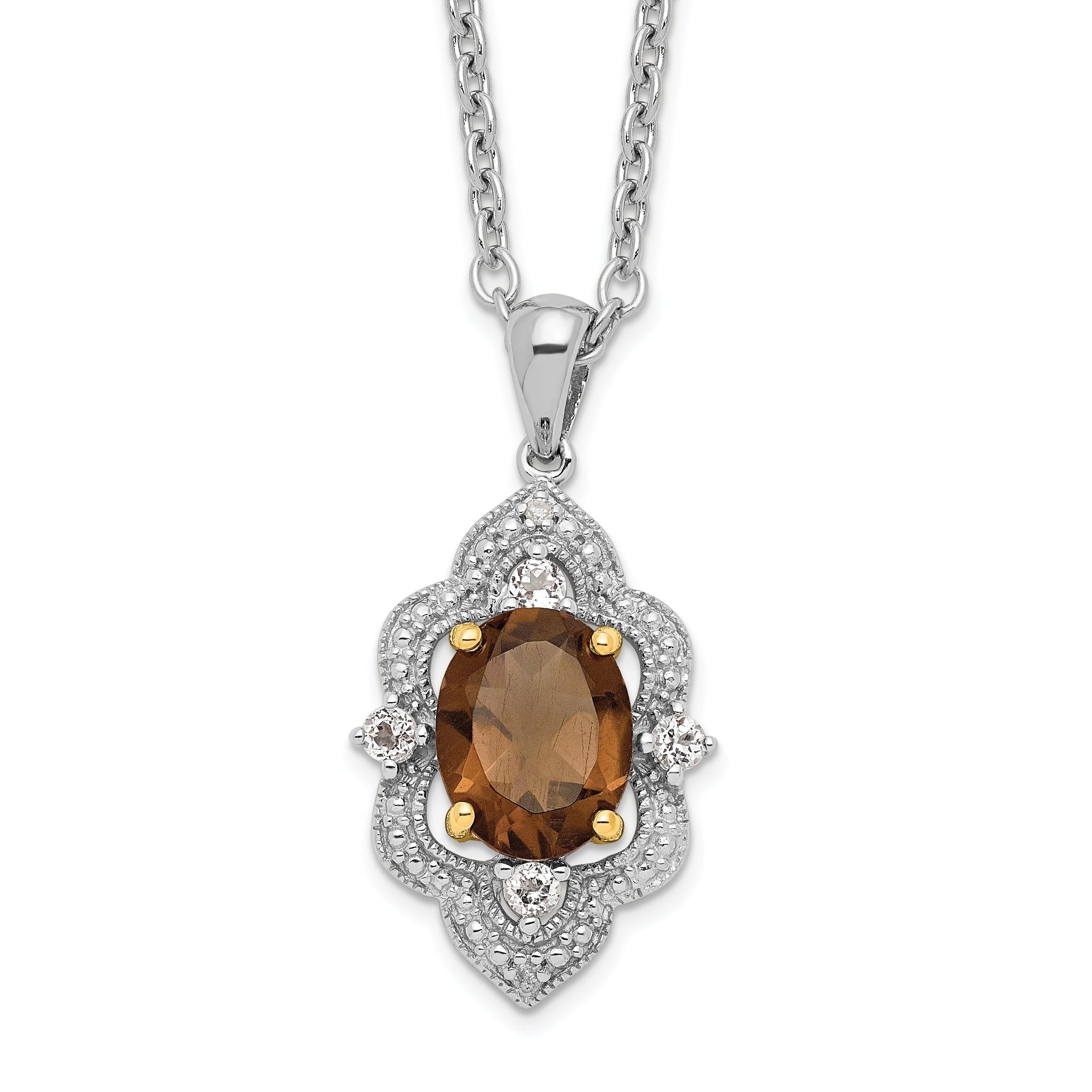 Brilliant Gemstones Sterling Silver with 14K Accent Rhodium-plated Smoky Quartz and White Topaz and Diamond 18 Inch Necklace with 2 Inch Extender Main image