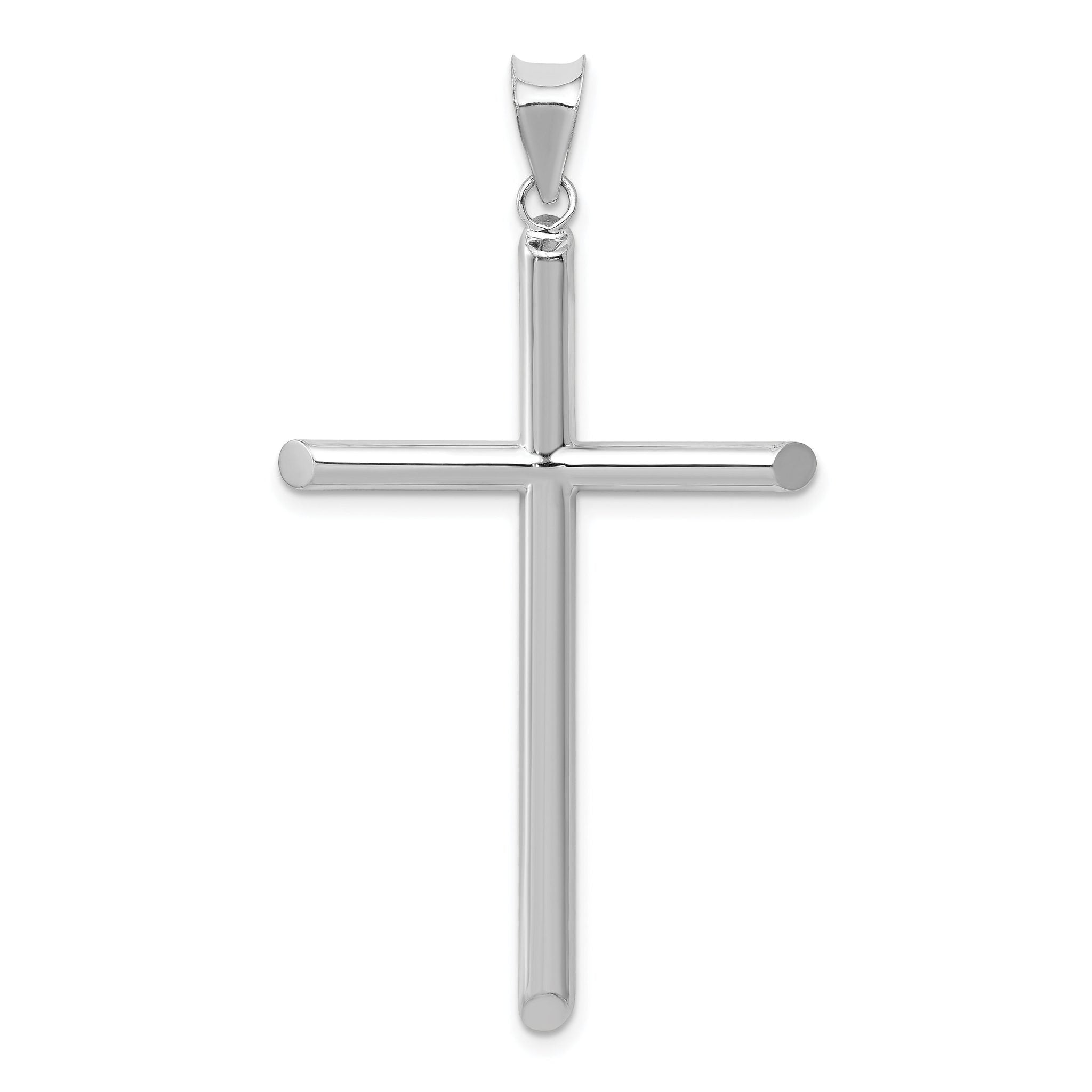 14K White Gold Polished Hollow Cross Pendant with Rhodium Plating