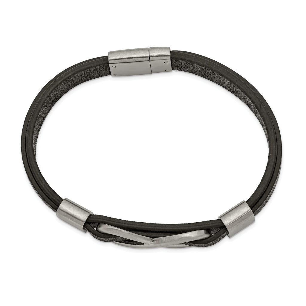 Stainless Steel Brushed and Polished Infinity Symbol Black Leather Bracelet for Men