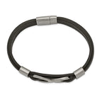 Stainless Steel Brushed and Polished Infinity Symbol Black Leather Bracelet for Men