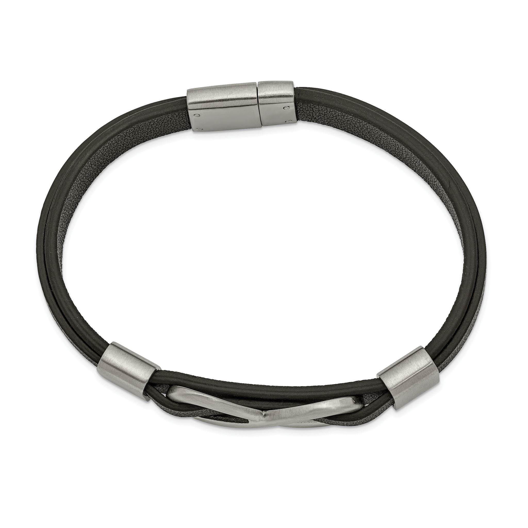 Stainless Steel Brushed and Polished Infinity Symbol Black Leather Bracelet for Men