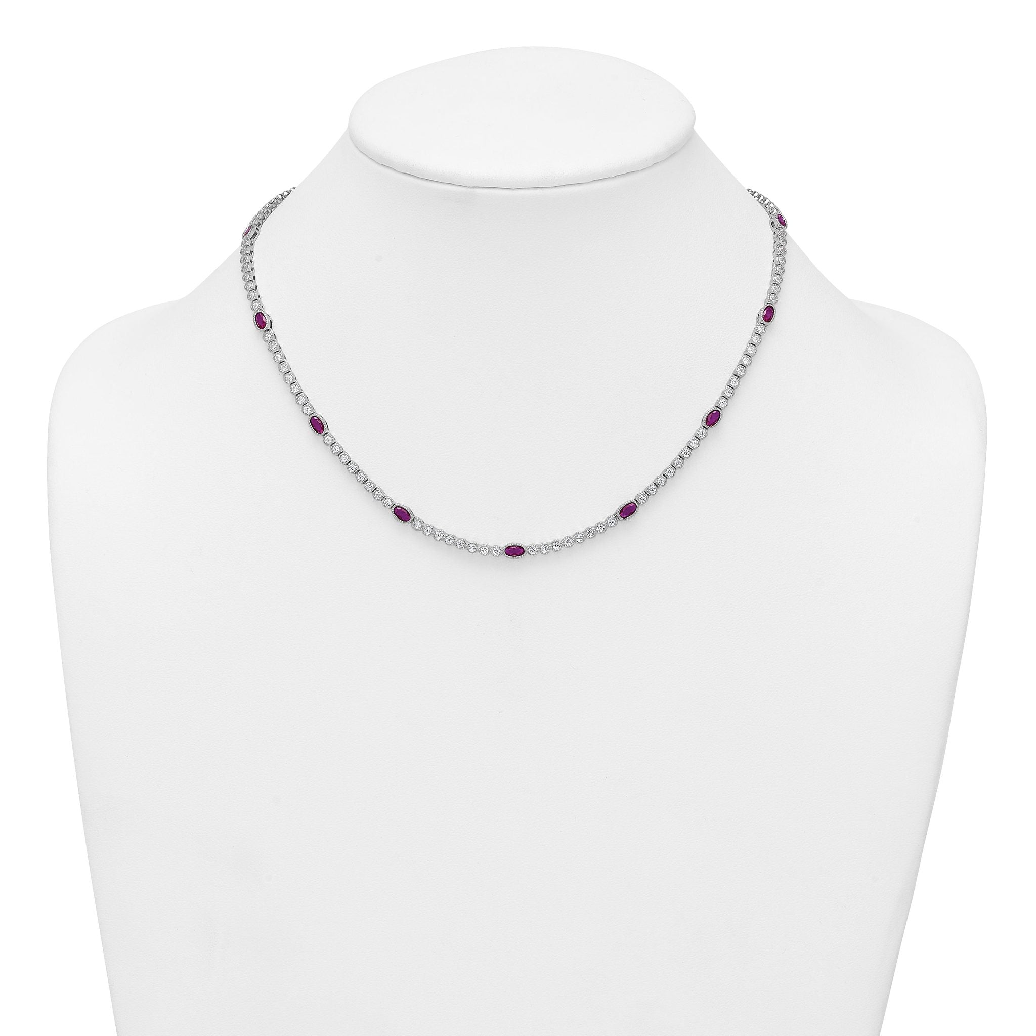 Sterling Silver Rhodium-plated Polished and Beaded Fancy Oval Red and Round White CZ 17 Inch Necklace