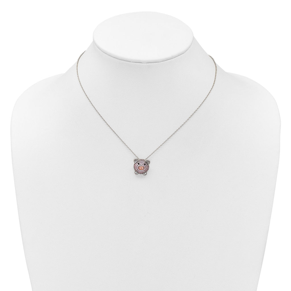 Cheryl M Sterling Silver Rhodium and Rose Gold-plated Polished Multicolor CZ Pig 16 Inch with 2 Inch Extension Necklace