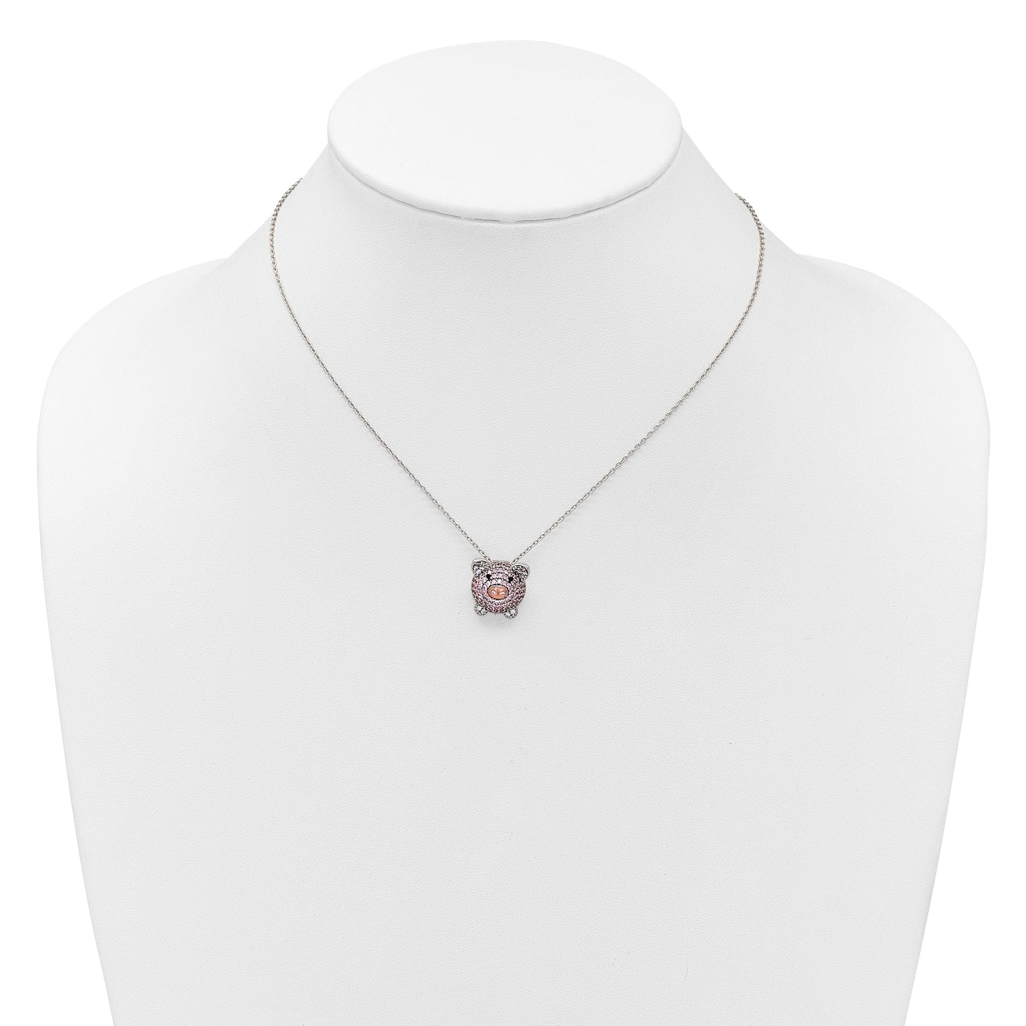 Cheryl M Sterling Silver Rhodium and Rose Gold-plated Polished Multicolor CZ Pig 16 Inch with 2 Inch Extension Necklace