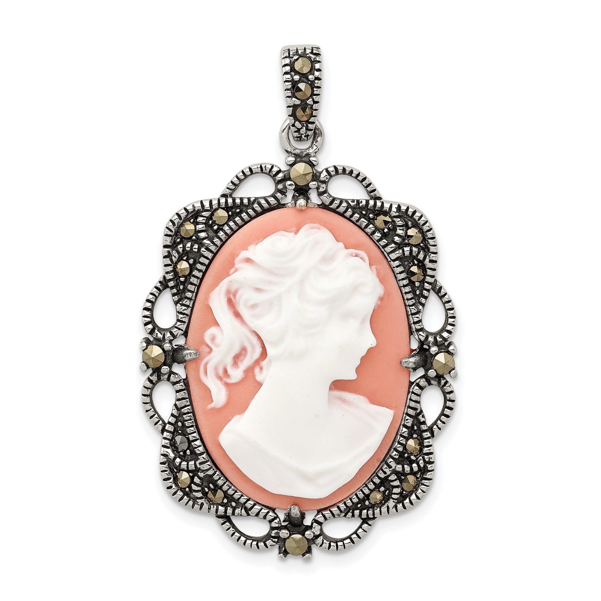 Sterling Silver Antiqued Marcasite Plastic Pink Cameo Pendant Main image