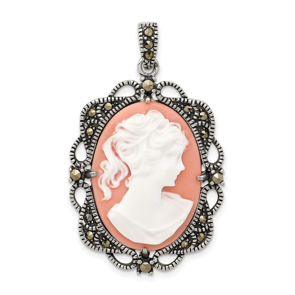 Marcasite Cameo Pendant in Sterling Silver, 42mm Antiqued & Polished - Sophia Jewelers