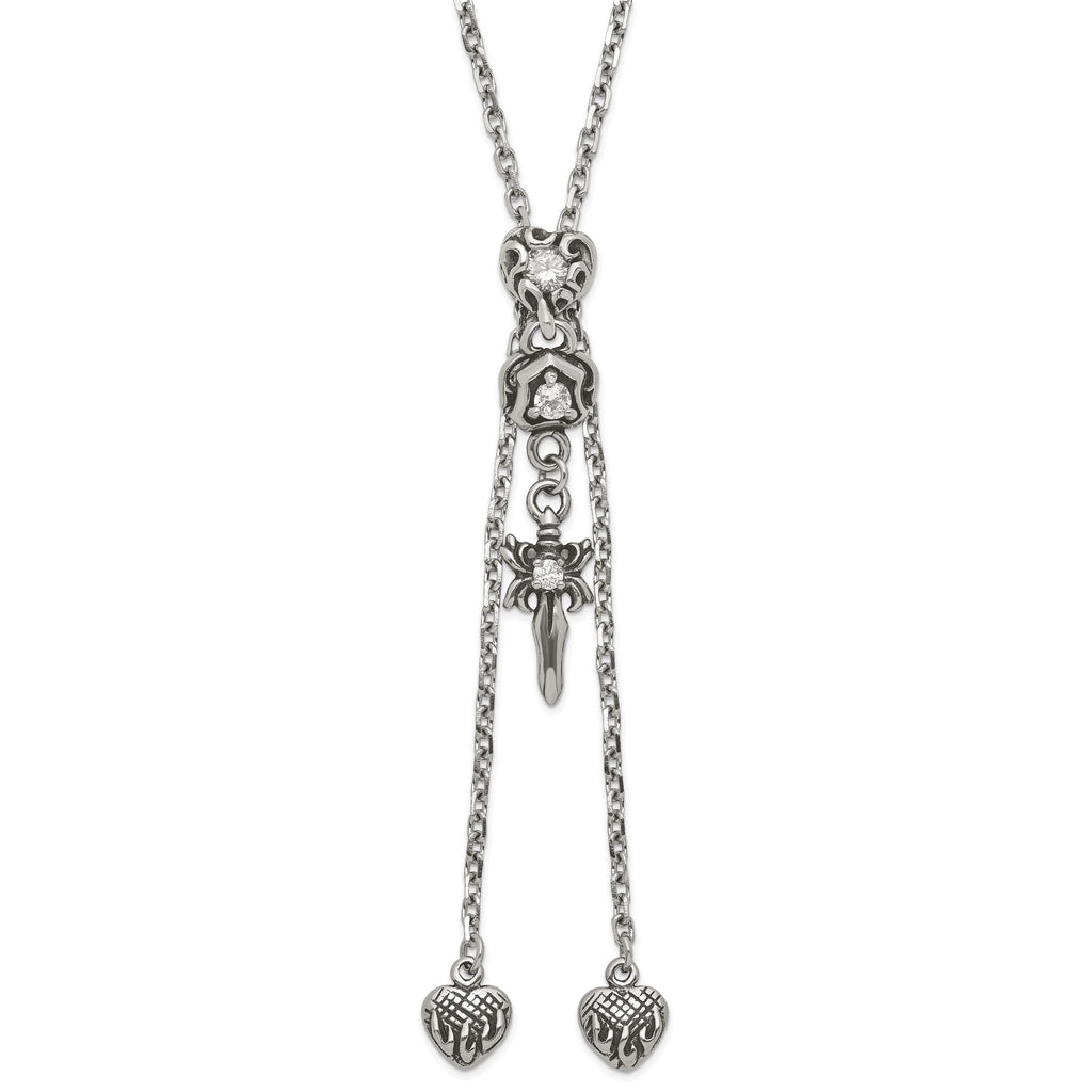 Sophia Jewelers Gothic Hearts & Sword CZ Adjustable Stainless Steel Necklace