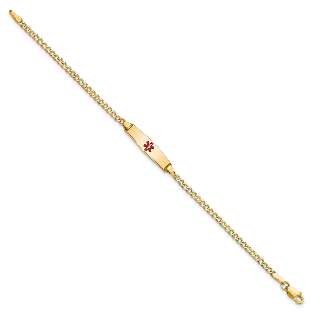 14k Medical Semi-Solid Chain/Solid Plate 20x5mm Soft Diamond Shape Centered Red Enamel Cuban Link 6 inch Baby/Child ID Bracelet