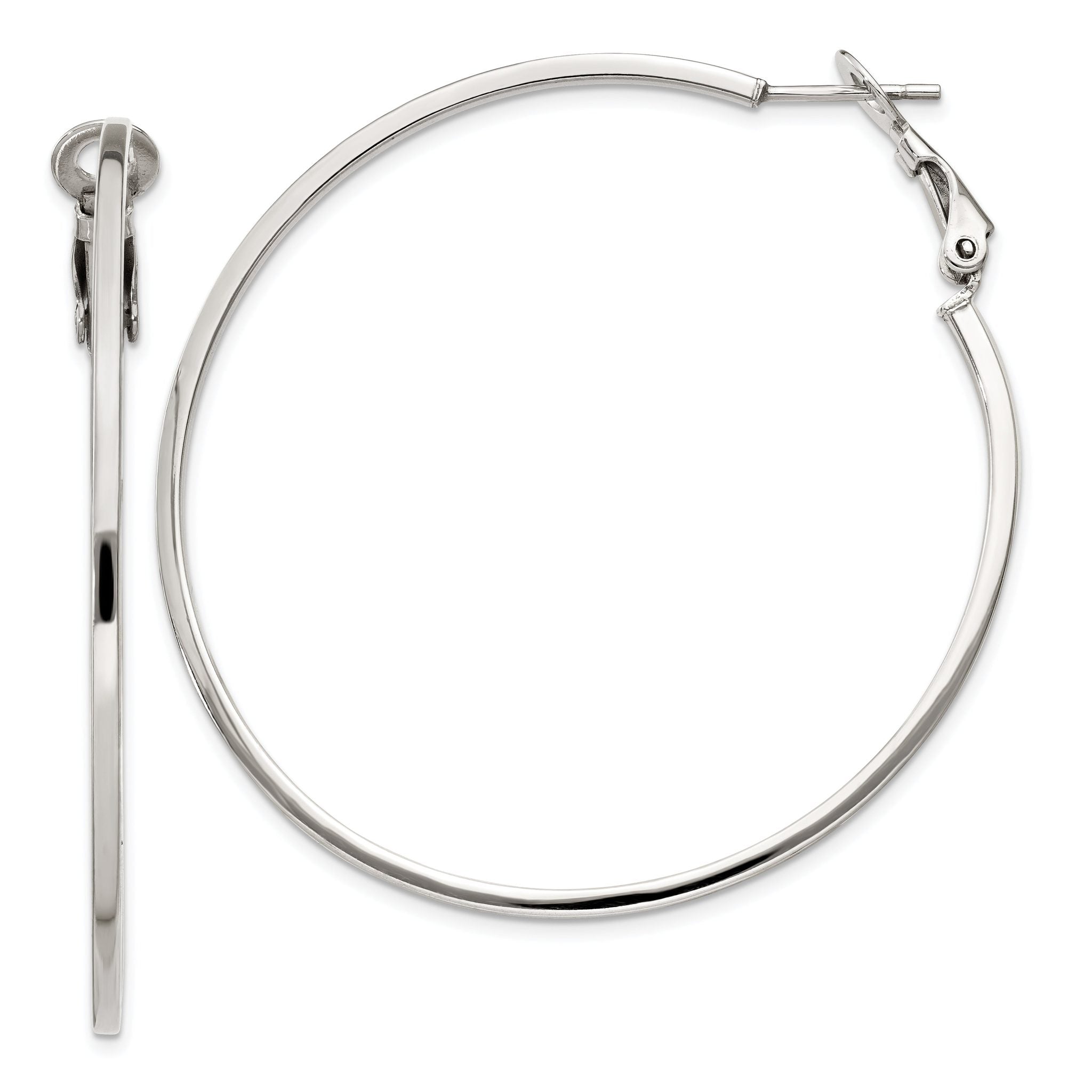 Sterling Silver RH-plated 1.5x50mm Omega Back Round Hoop Earrings