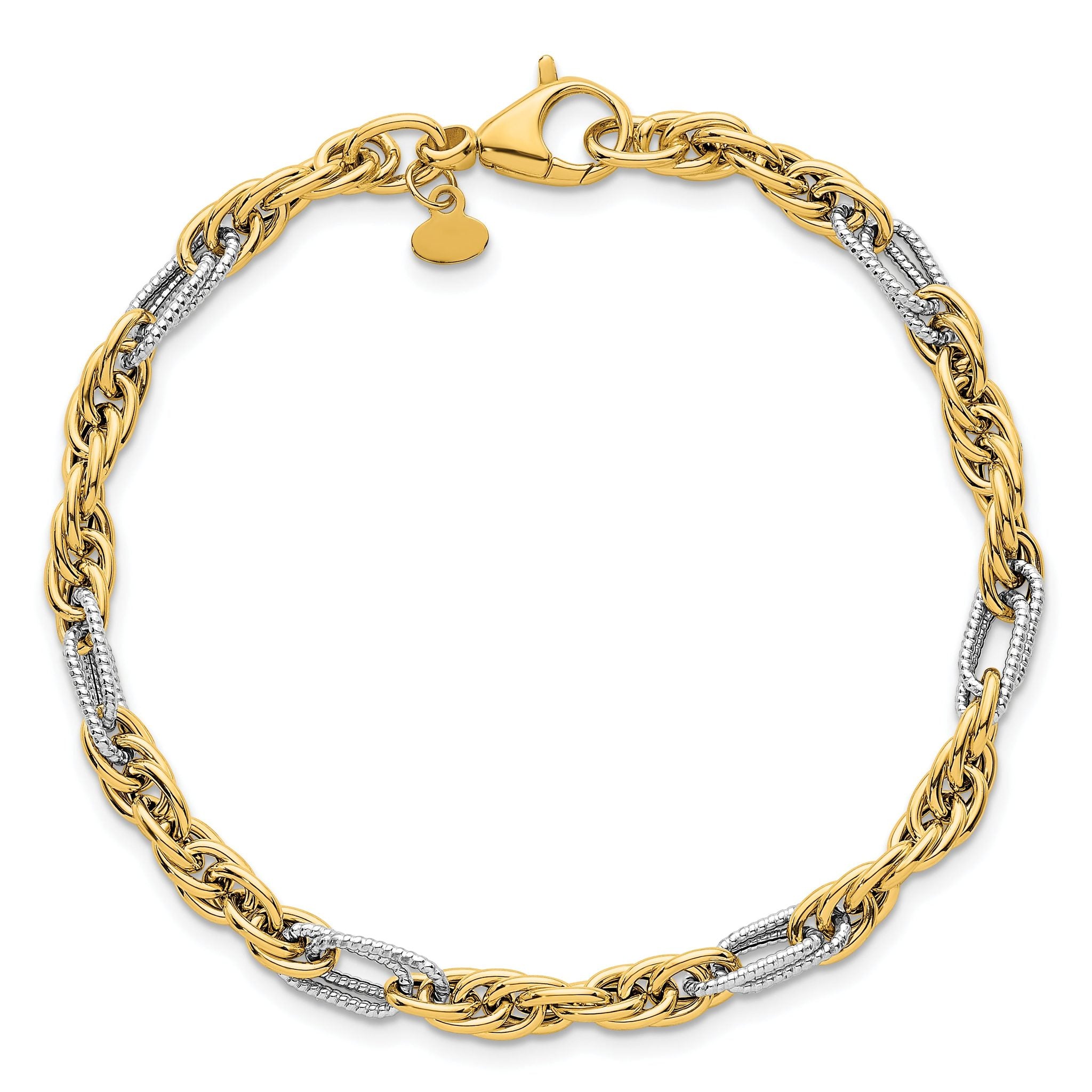 14k with White Rhodium Polished 4.2mm Fancy Rope Chain 7.5 inch Bracelet