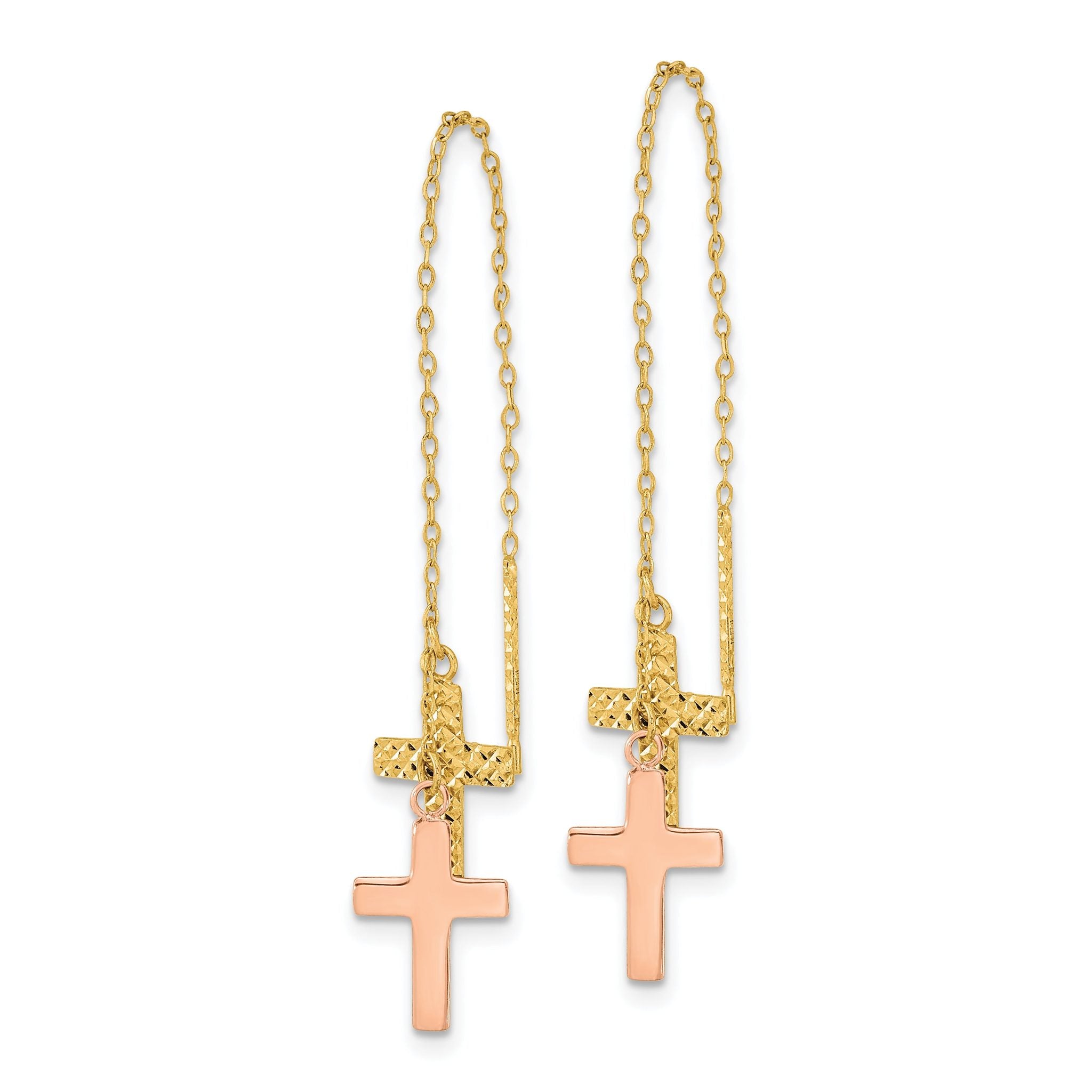14k Yellow & Rose D/C Polished Crosses Threader Earrings Secondary image