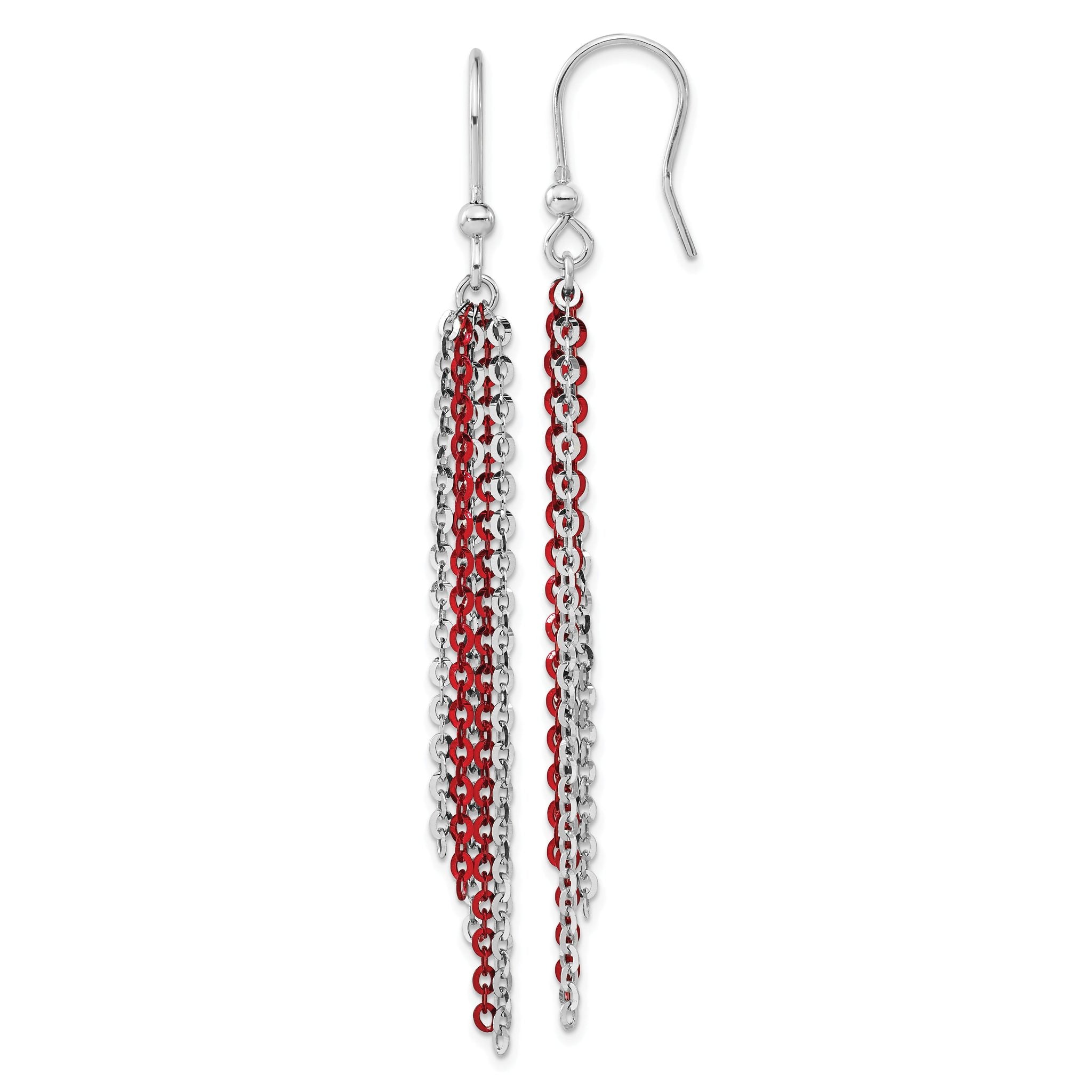 Sterling Silver Rhodium-Plated Dangle Earrings with Red Accent  Polished Elegance