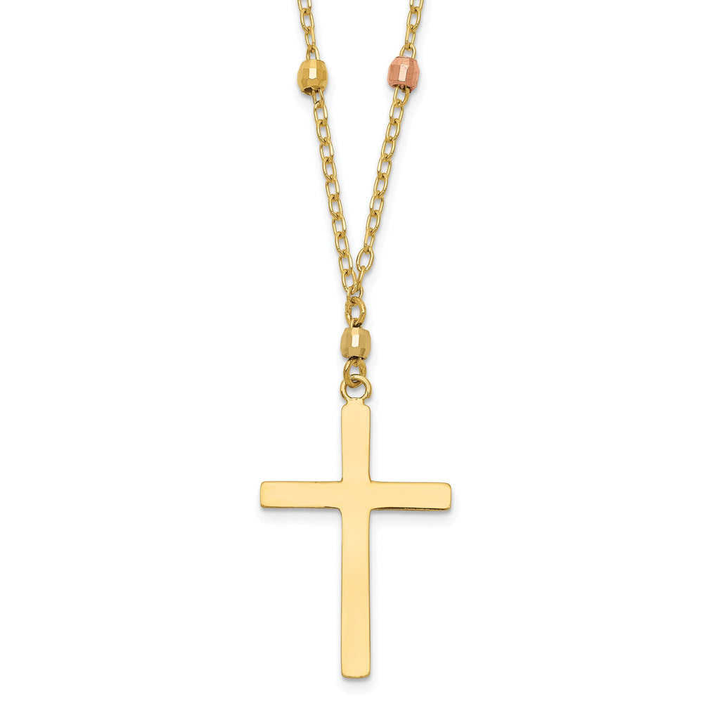 14K Tri-Color Gold Diamond-Cut Beaded Cross Necklace for Women