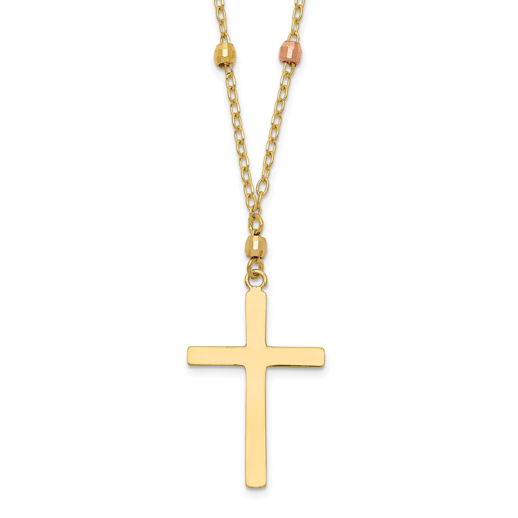 14K Tri-Color Gold Diamond-Cut Beaded Cross Necklace for Women