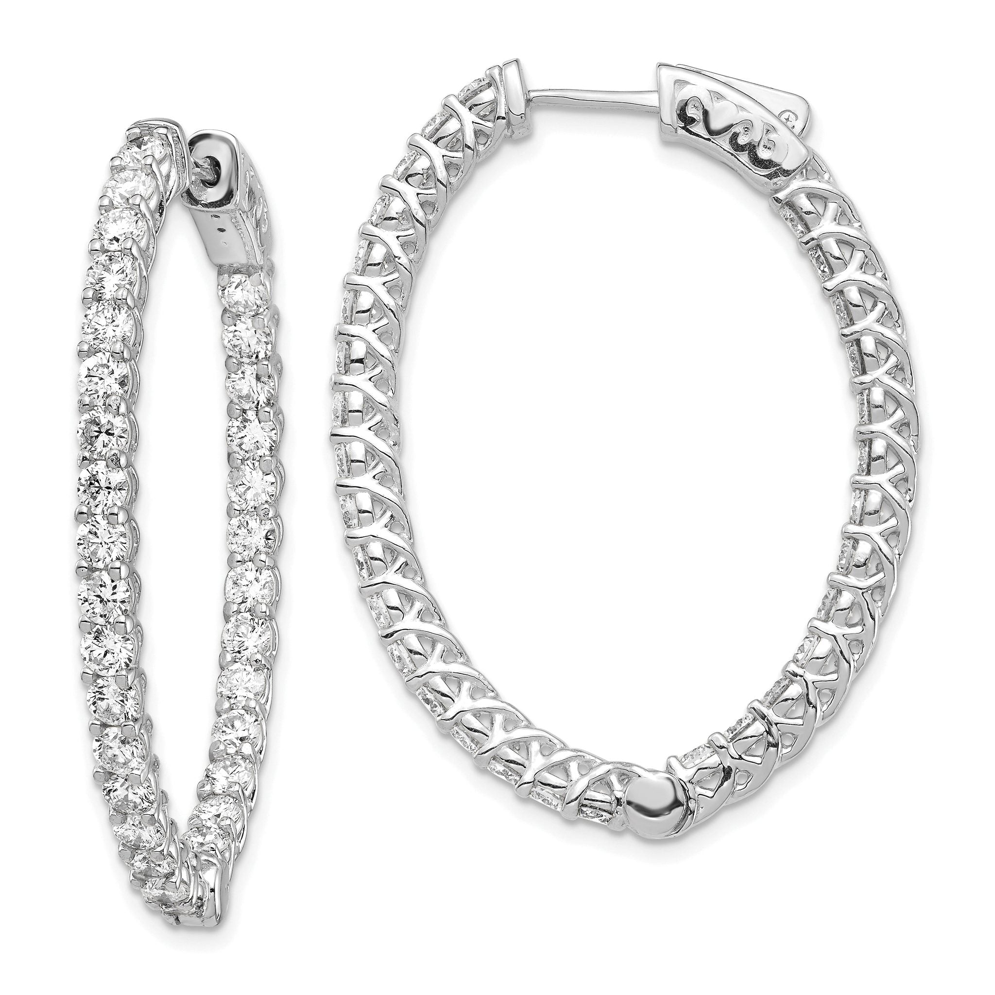 14k White Gold Diamond Oval Hoop w/Safety Clasp Earrings Main image