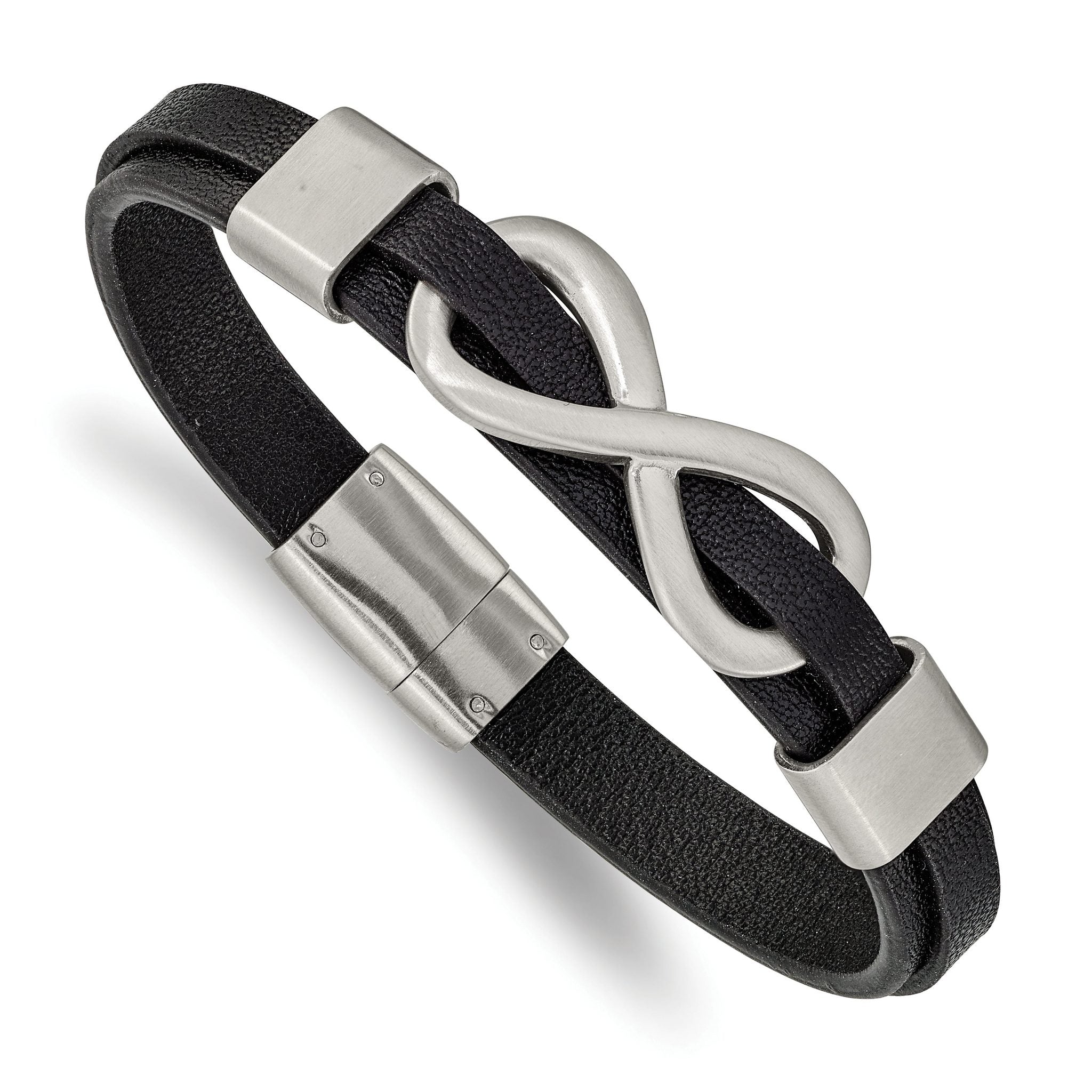 Stainless Steel Brushed and Polished Infinity Symbol Black Leather Bracelet for Men Main image