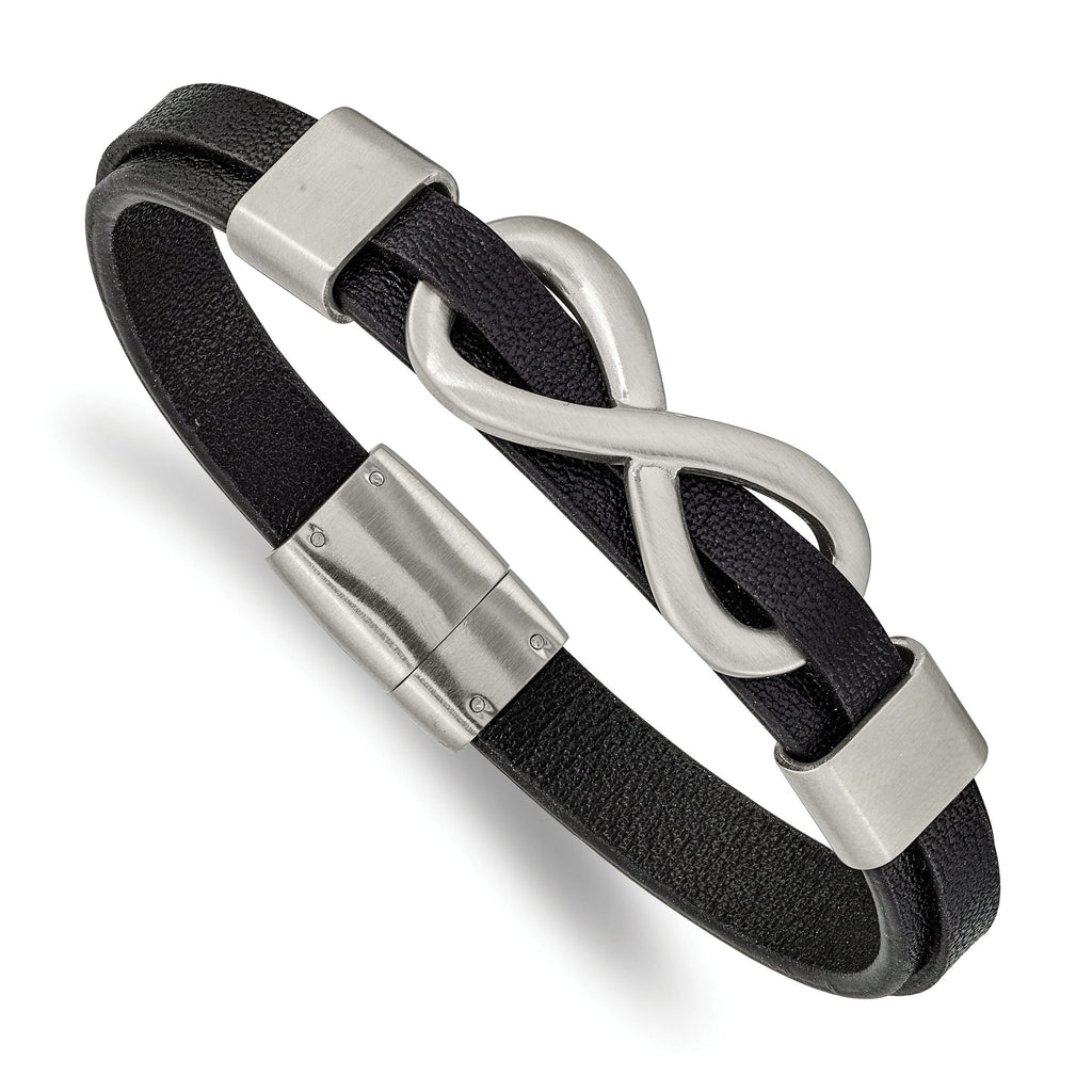Stainless Steel Brushed and Polished Infinity Symbol Black Leather Bracelet for Men