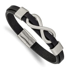 Stainless Steel Brushed and Polished Infinity Symbol Black Leather Bracelet for Men