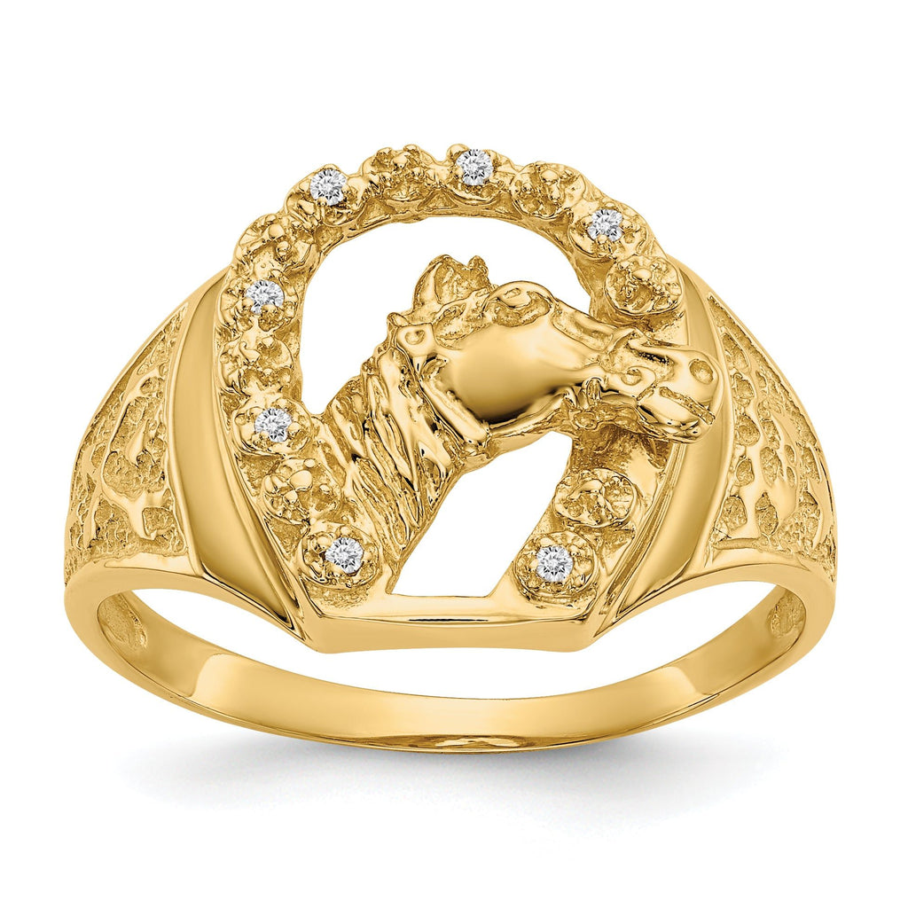 14k AAA Diamond Horseshoe with Horse in Center Mens Ring