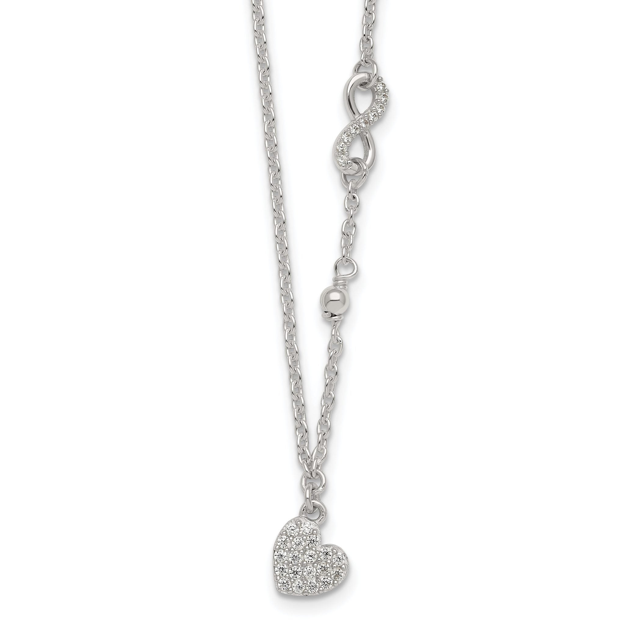 Sterling Silver Polished Beaded White CZ Infinity and Heart 16 inch with 2 inch Extension Necklace Main image