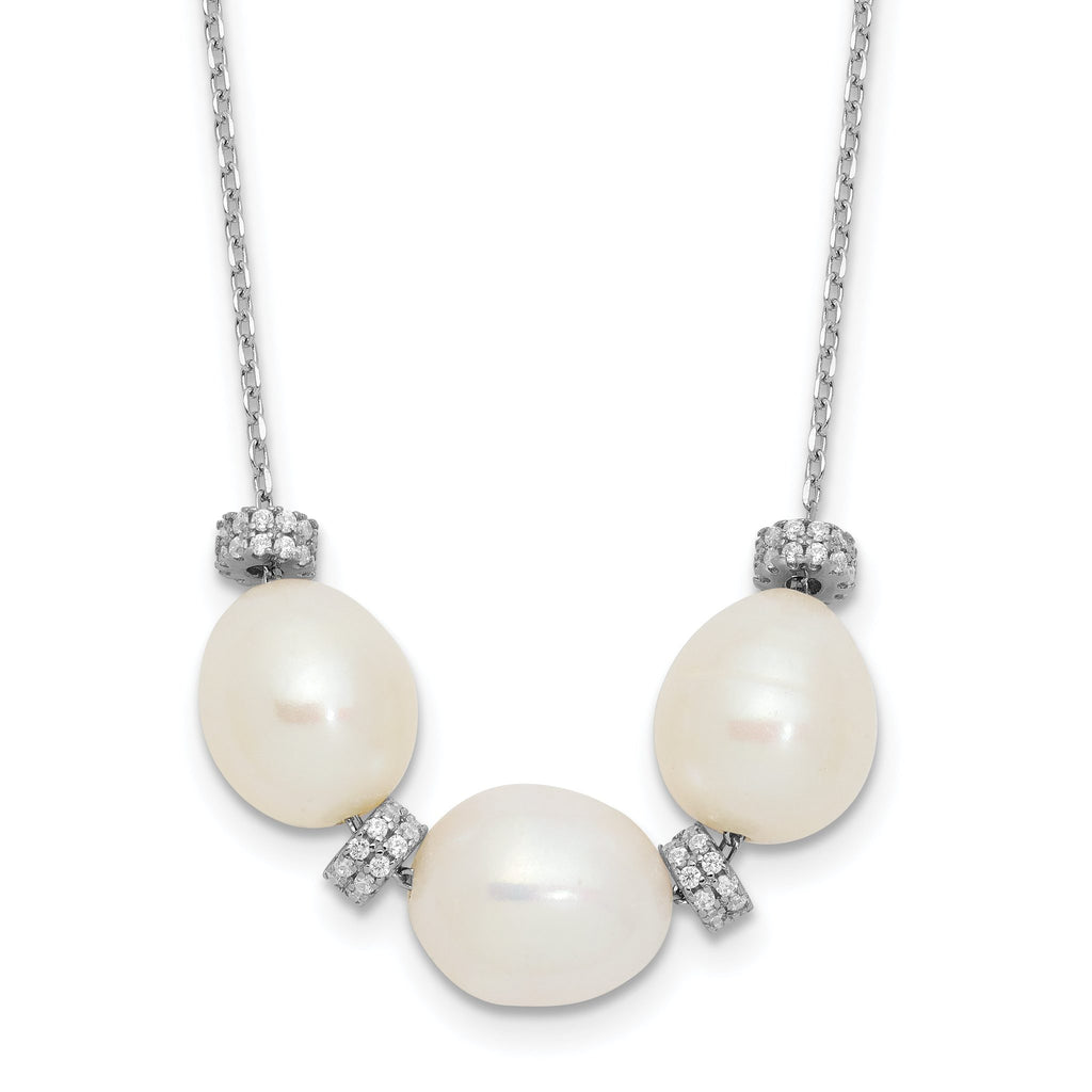 Sterling Silver Rhodium-plated CZ Bead/FWC Pearl With  2in ext. Necklace