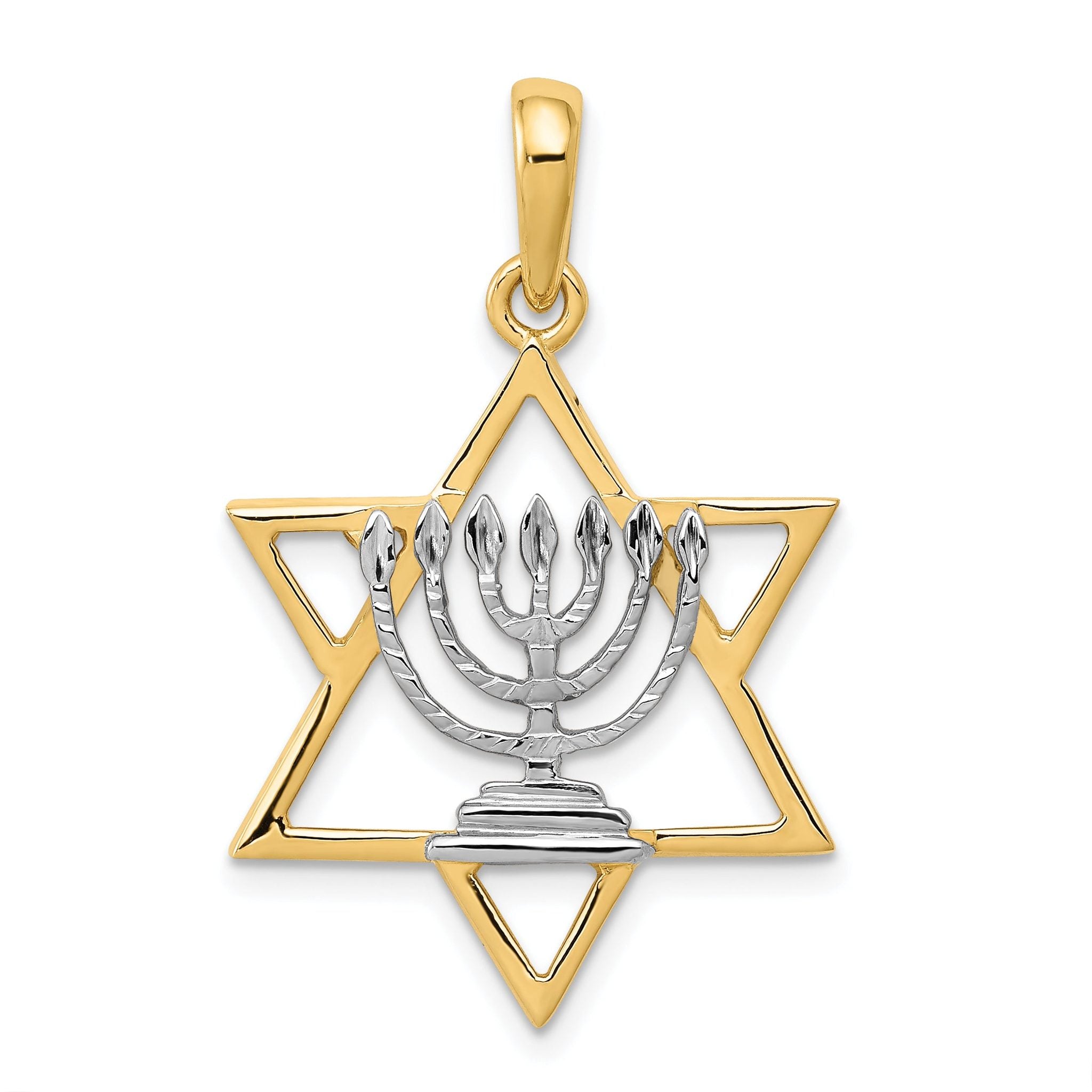 14K Gold Menorah Star of David Charm with White Rhodium Finish Main image