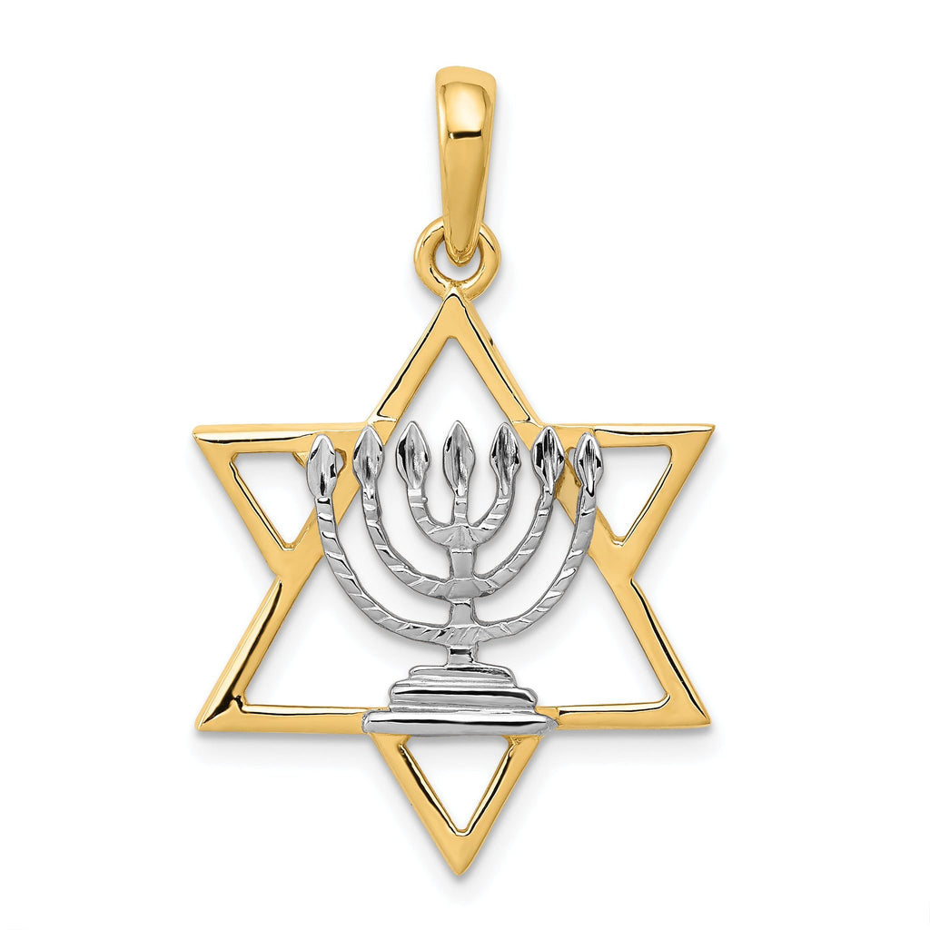 14K Gold Menorah Star of David Charm with White Rhodium Finish