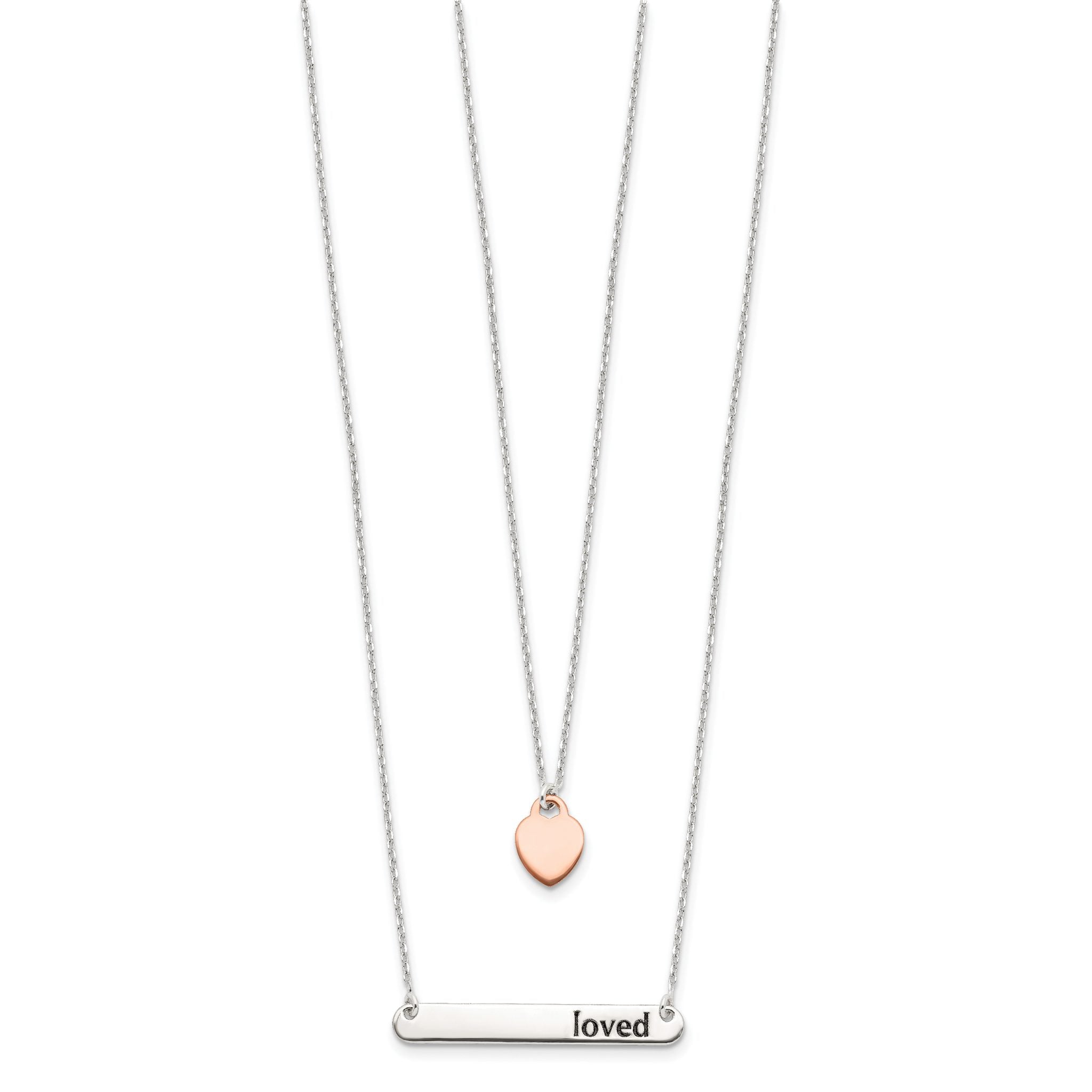 Sterling Silver Rose-tone Heart Enameled LOVED 18in Bar Necklace Secondary image