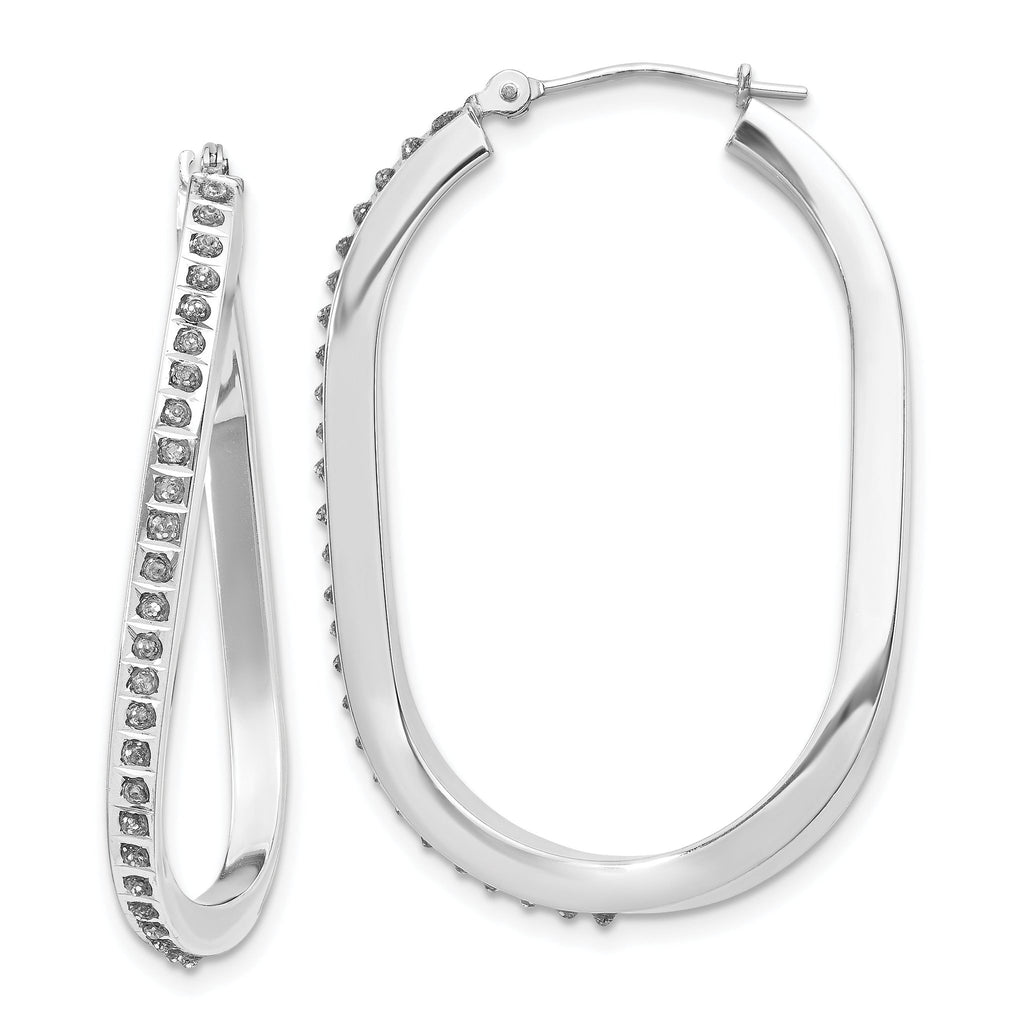 14K White Gold Diamond-Accented Oval Twist Hoop Earrings Polished