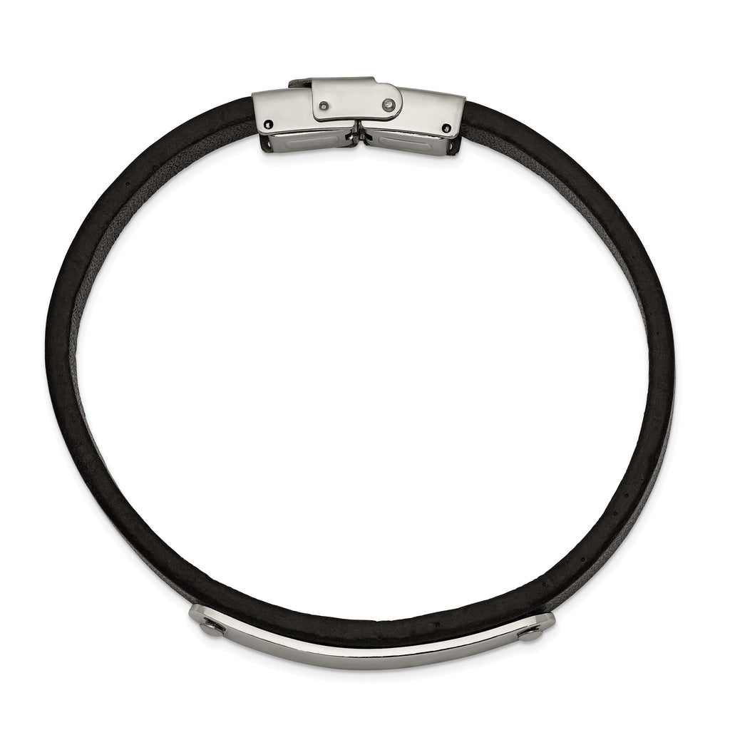 Stainless Steel Polished Black Leather ID Bracelet for Men