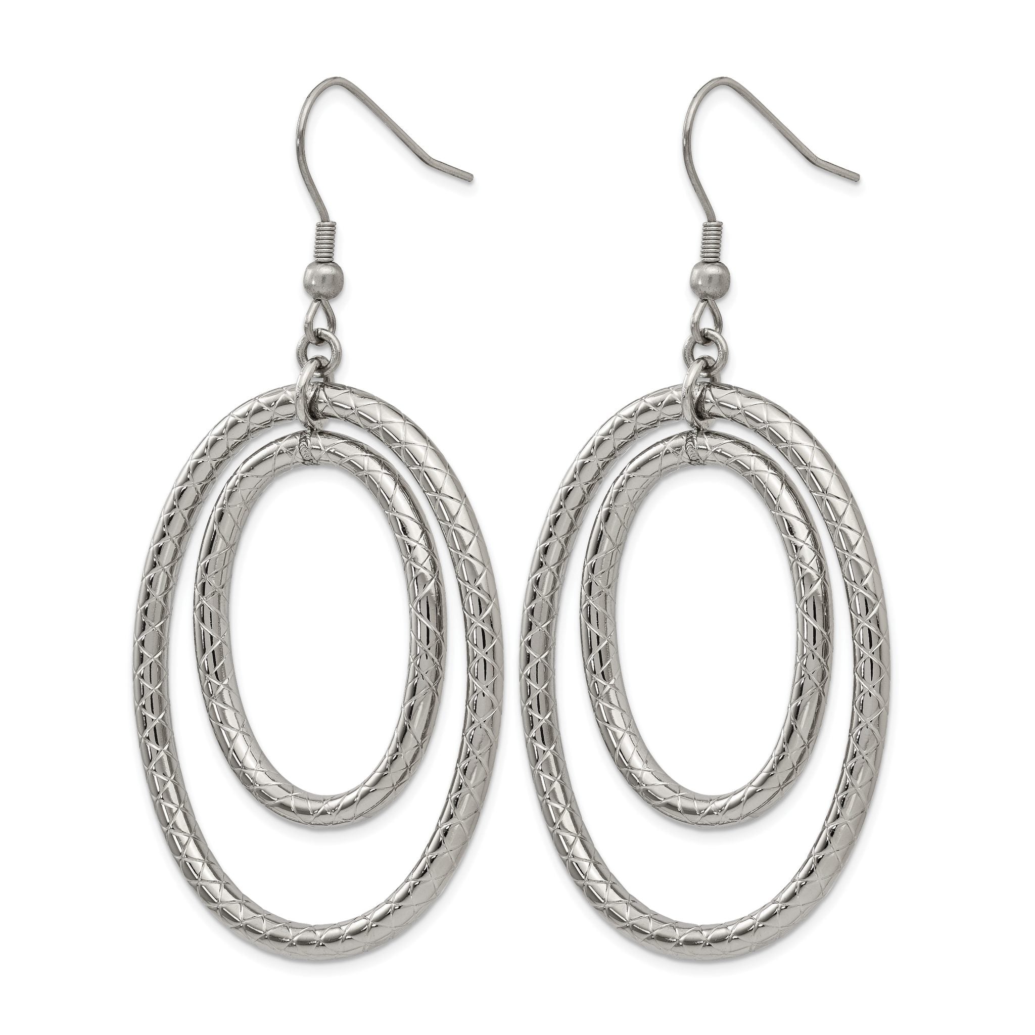 Stainless Steel Polished Oval Textured Drop Dangle Earrings for Women