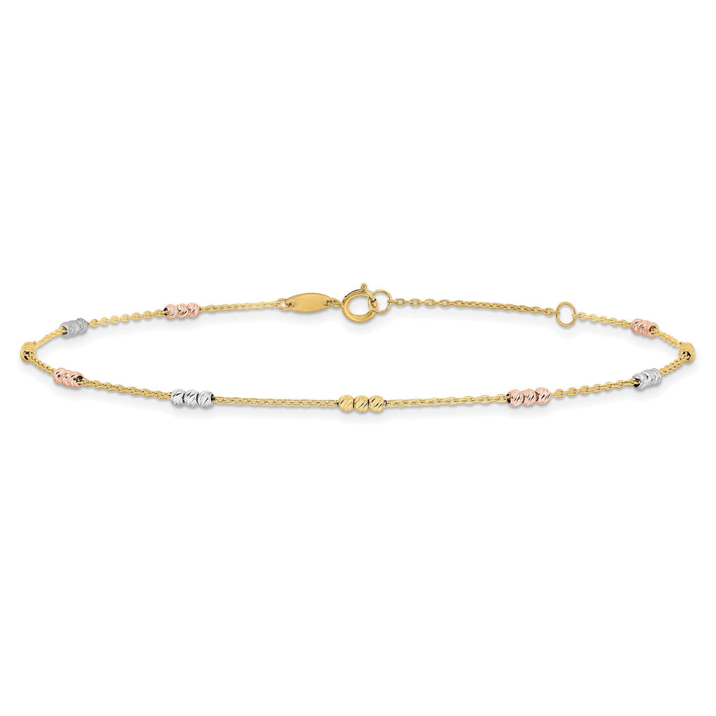 10K Tri-color Polished with D/C Bead 9in Plus 1in. ext. Anklet