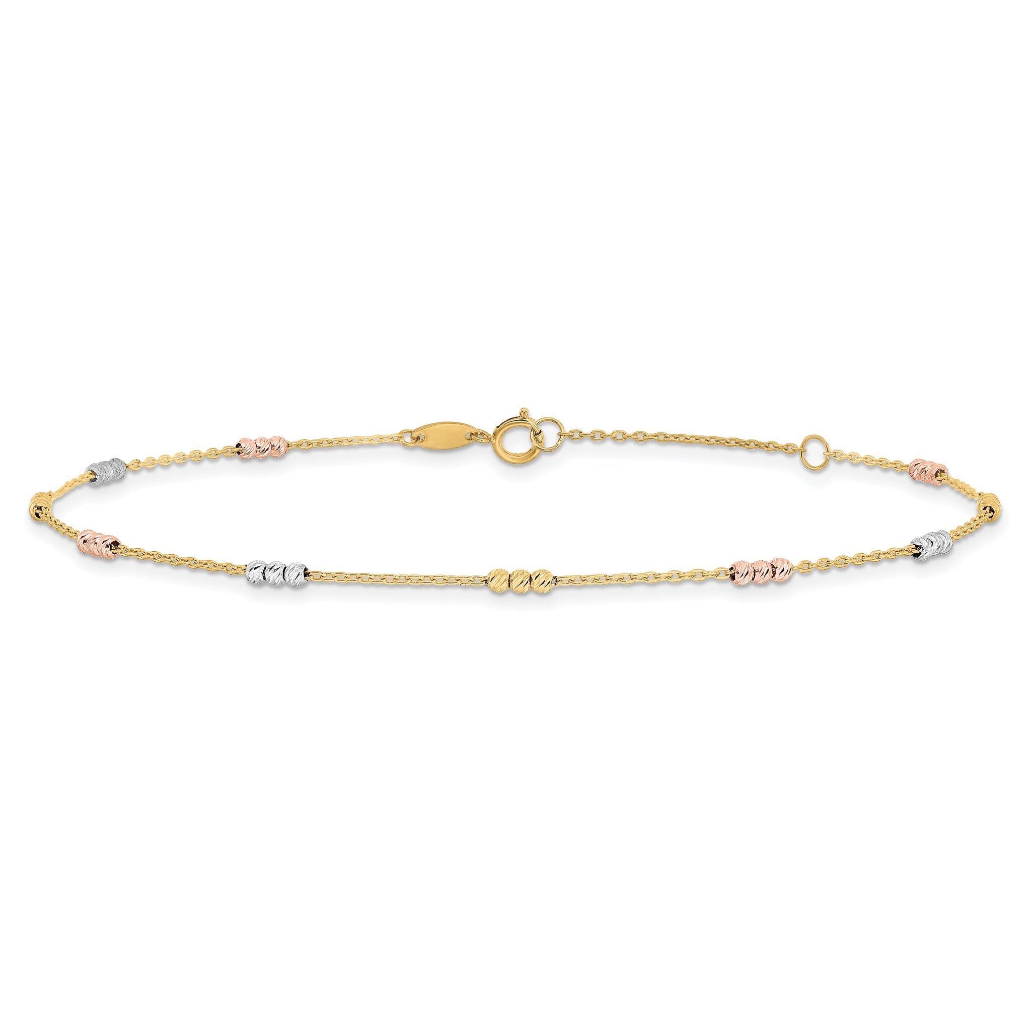 10K Tri-color Polished with D/C Bead 9in Plus 1in. ext. Anklet