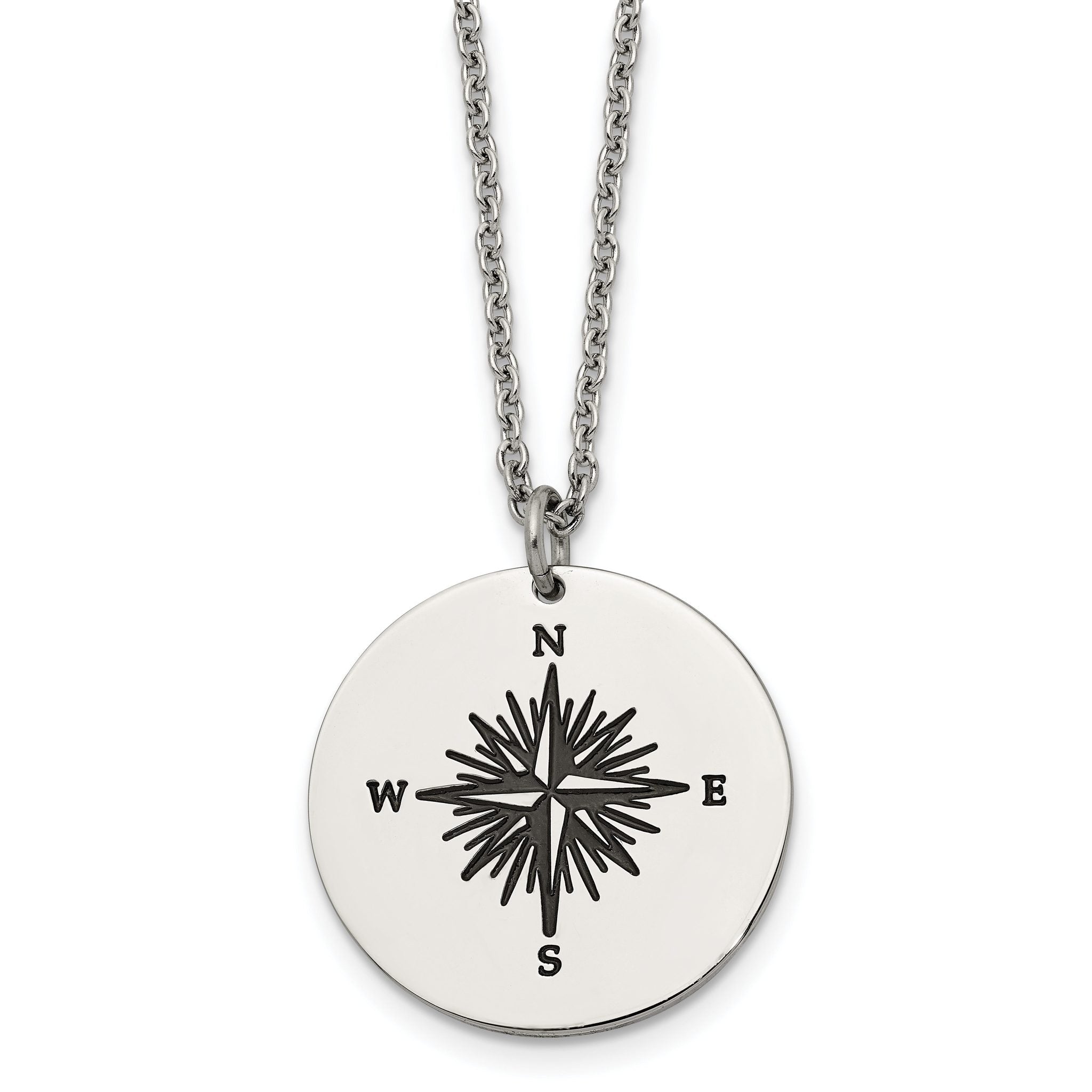 Chisel Stainless Steel Polished Enameled NOT ALL WHO WANDER ARE LOST Compass Pendant on a 22in Cable Chain Necklace Main image