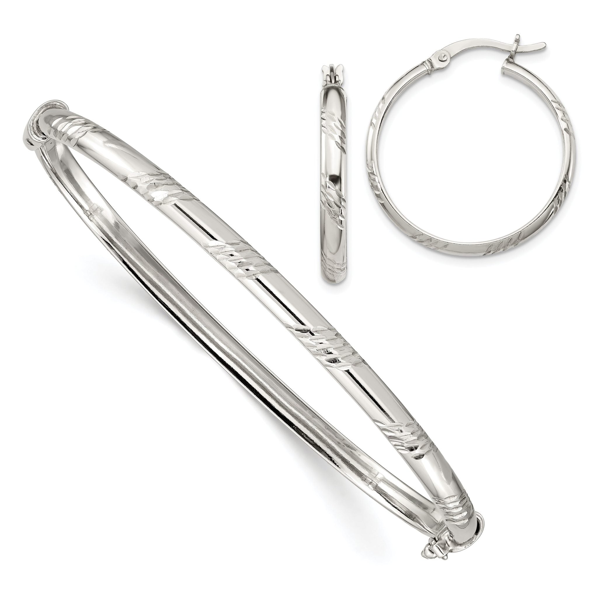 Sterling Silver Diamond Cut 4mm Bangle and 3mm Hoop Earring Set
